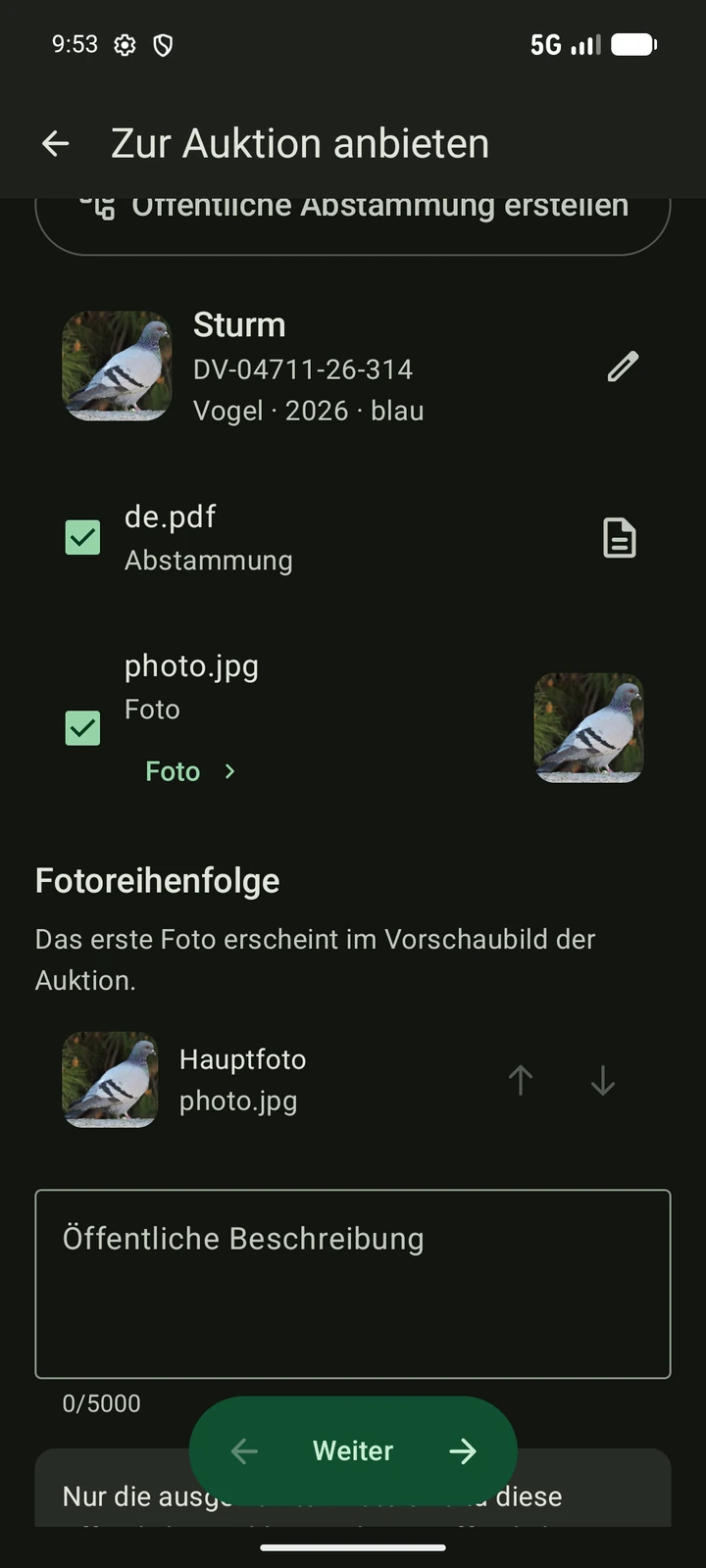 Deutscher PigeonTree-Auktionsassistent mit ausgewählten Fotos und Stammbaum