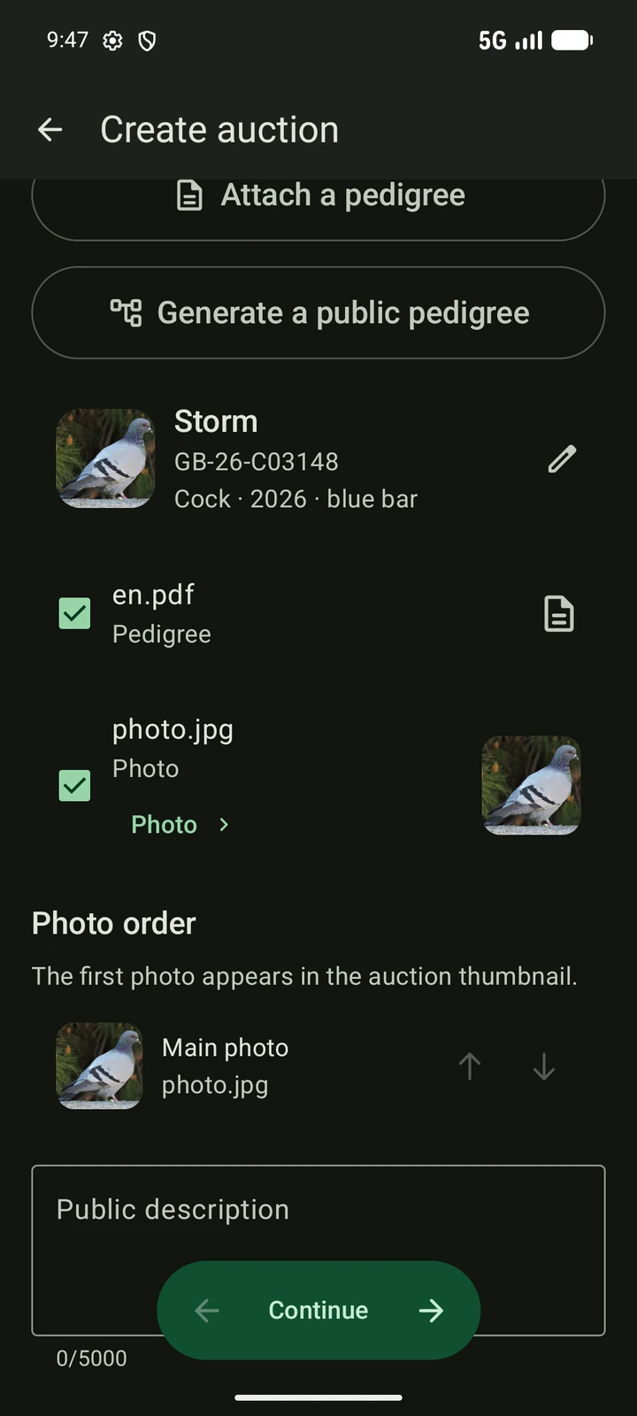 English PigeonTree auction creator showing selected public photographs and pedigree materials