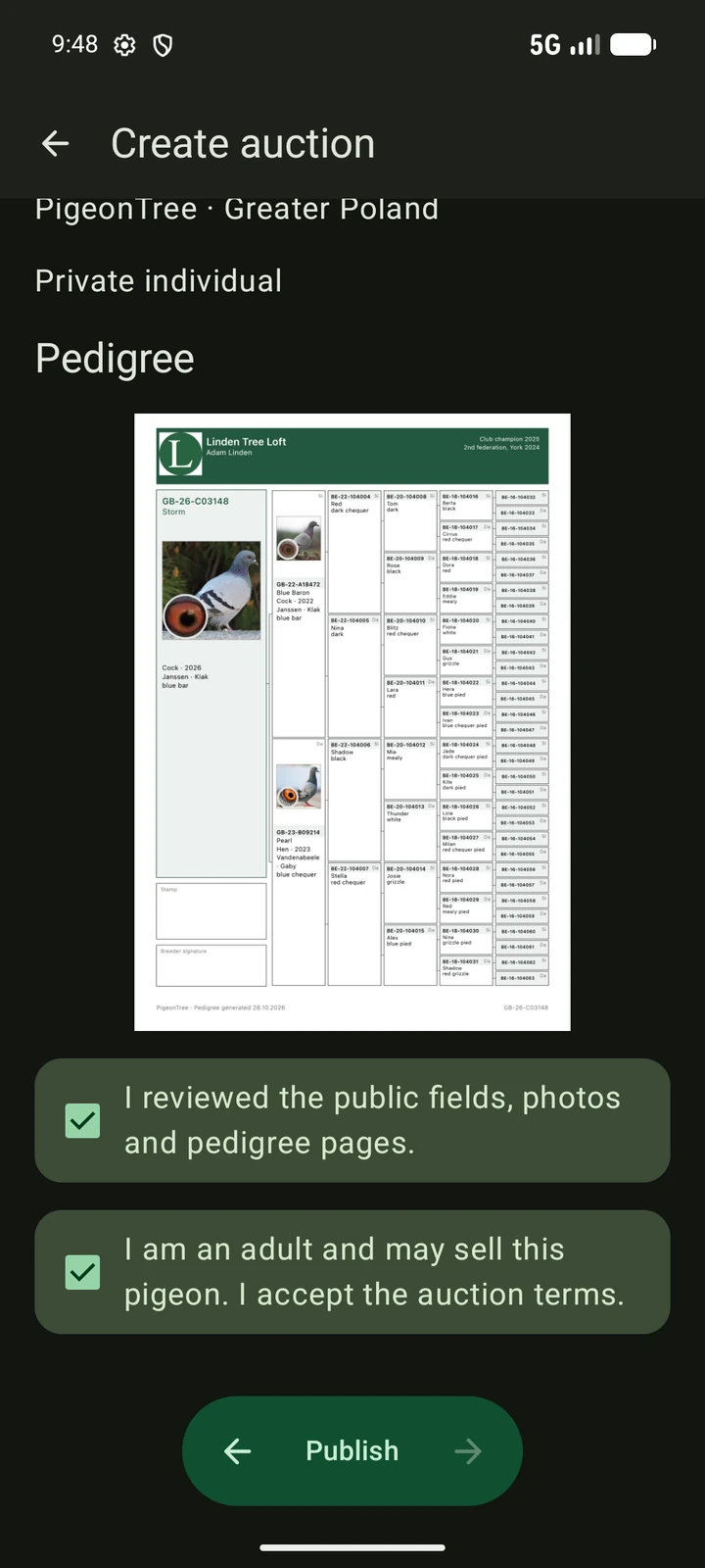 English PigeonTree public auction preview before publication