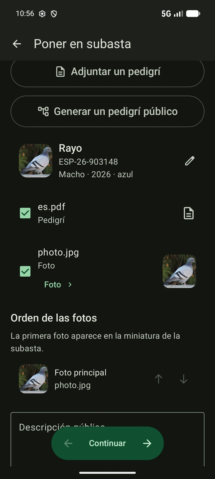 Creador de subastas PigeonTree en español con fotos y pedigrí seleccionados