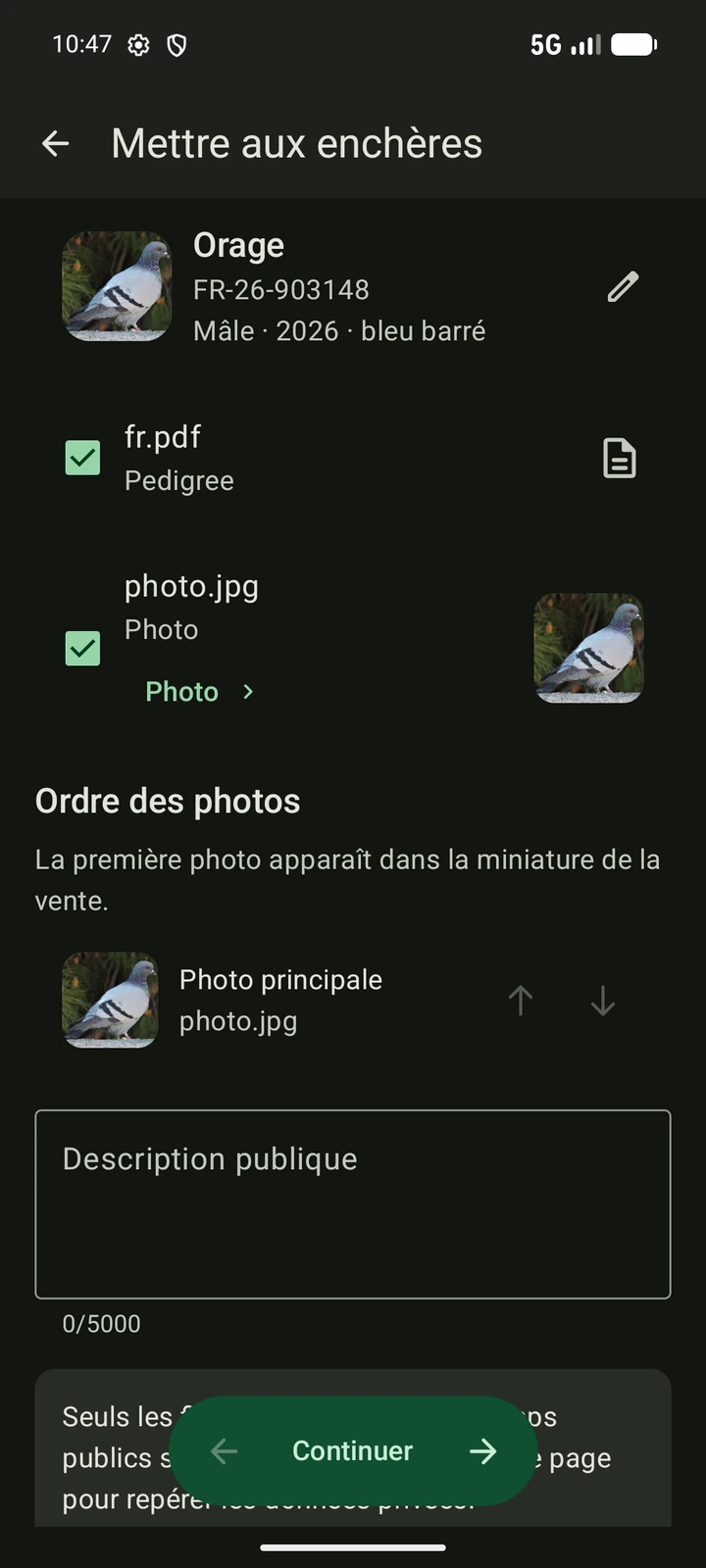 Assistant d’enchère PigeonTree en français avec photos et pedigree sélectionnés