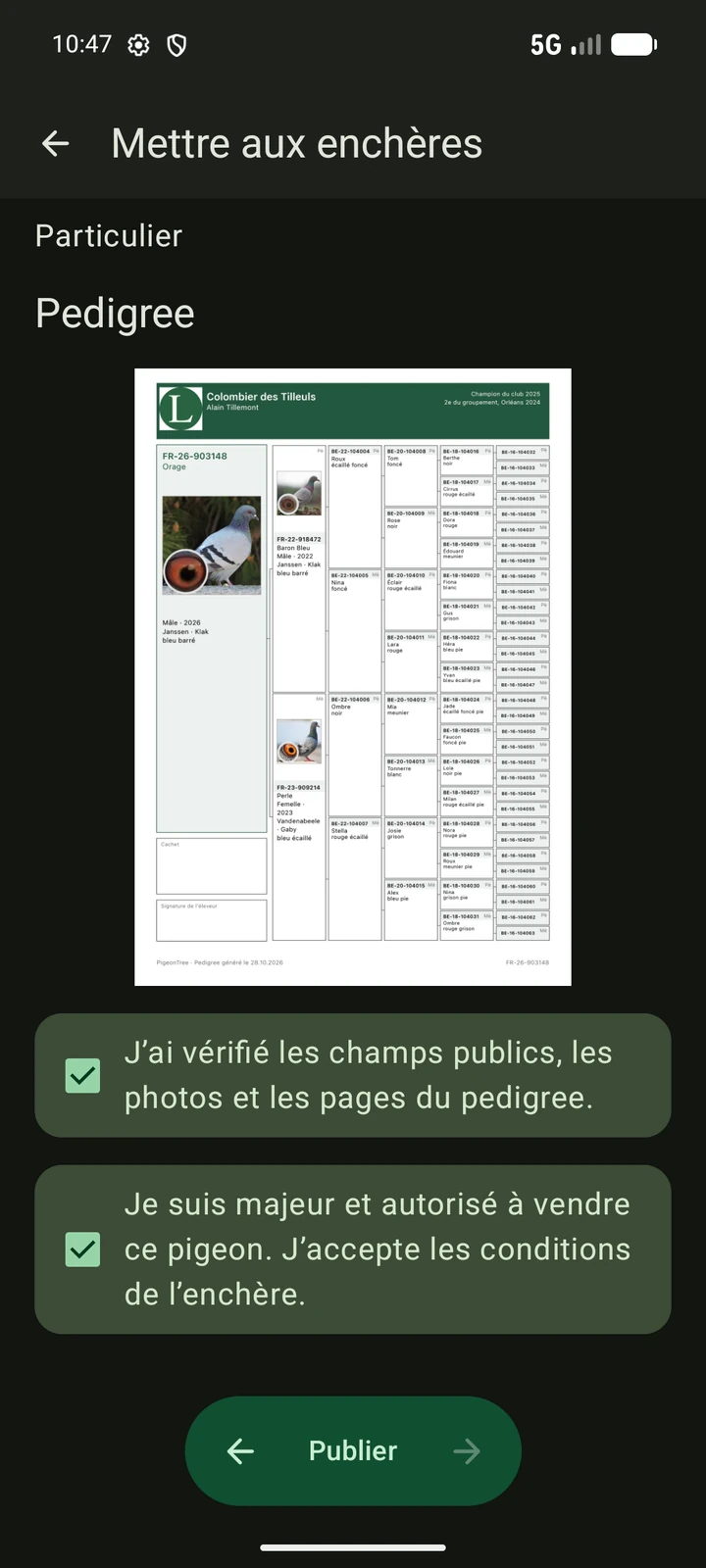Aperçu public en français d’une enchère PigeonTree avant publication