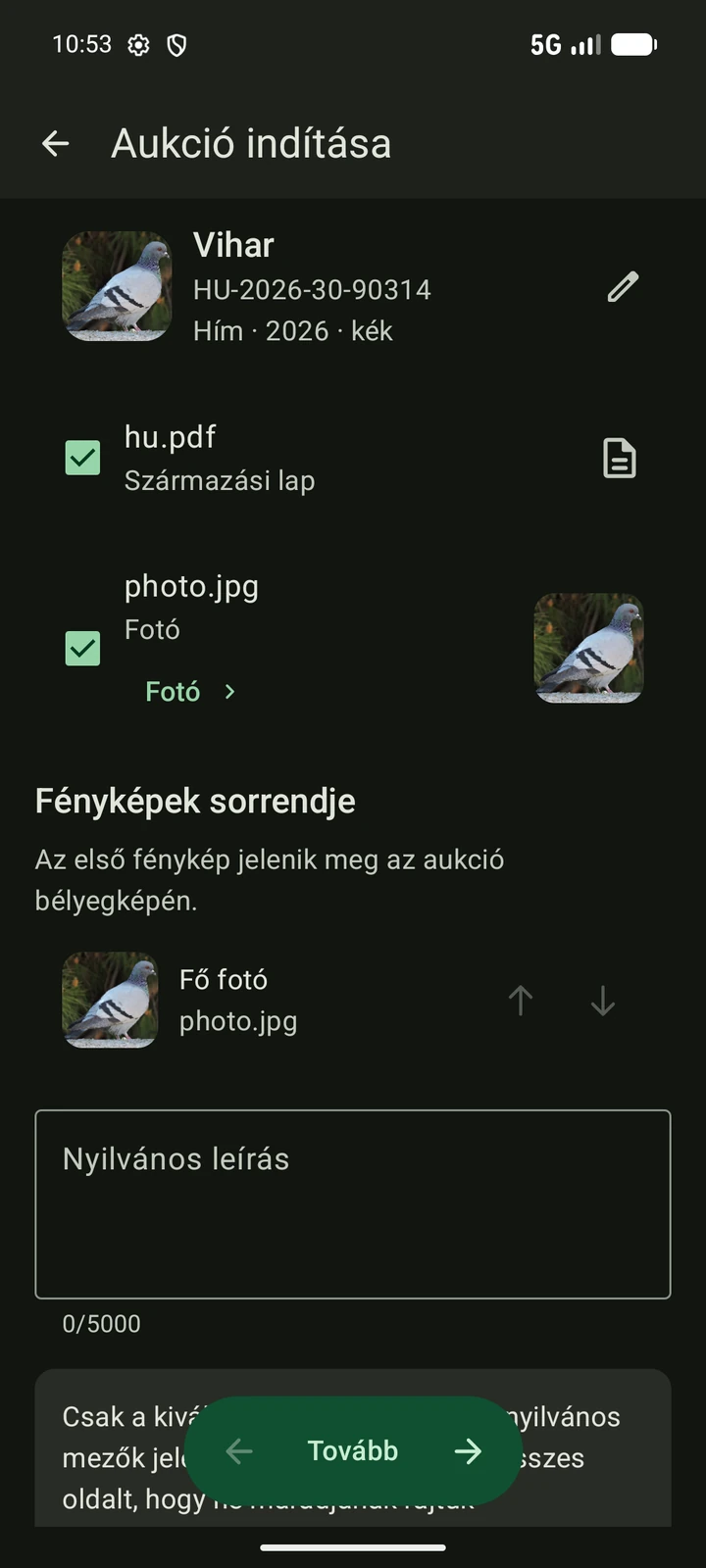 Magyar PigeonTree-aukciókészítő a kiválasztott fotókkal és származási lappal