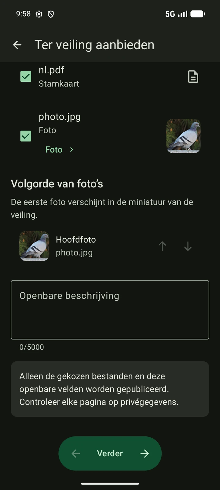 Nederlandse PigeonTree-veilingmaker met geselecteerde foto's en stamboom