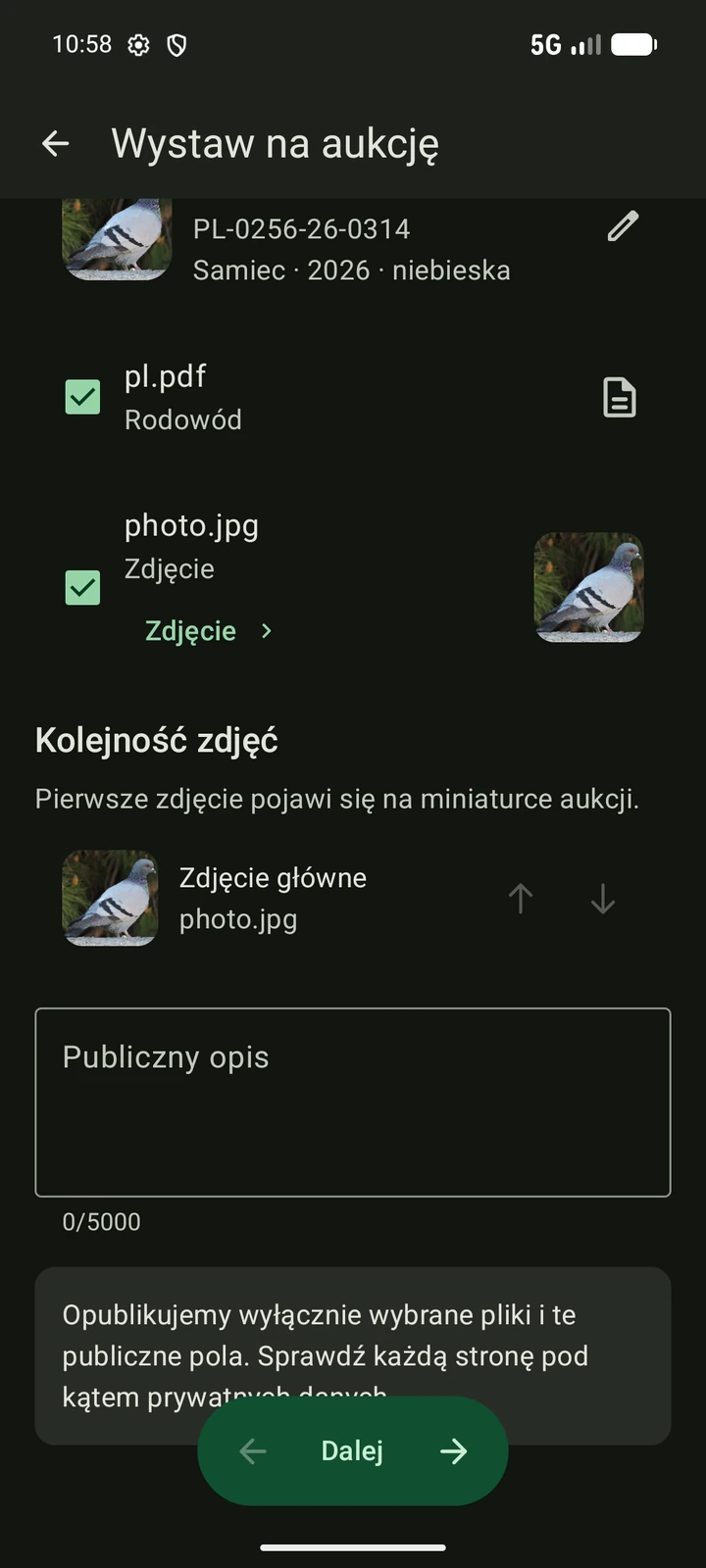 Polski kreator aukcji PigeonTree z wybranymi publicznymi zdjęciami i rodowodem