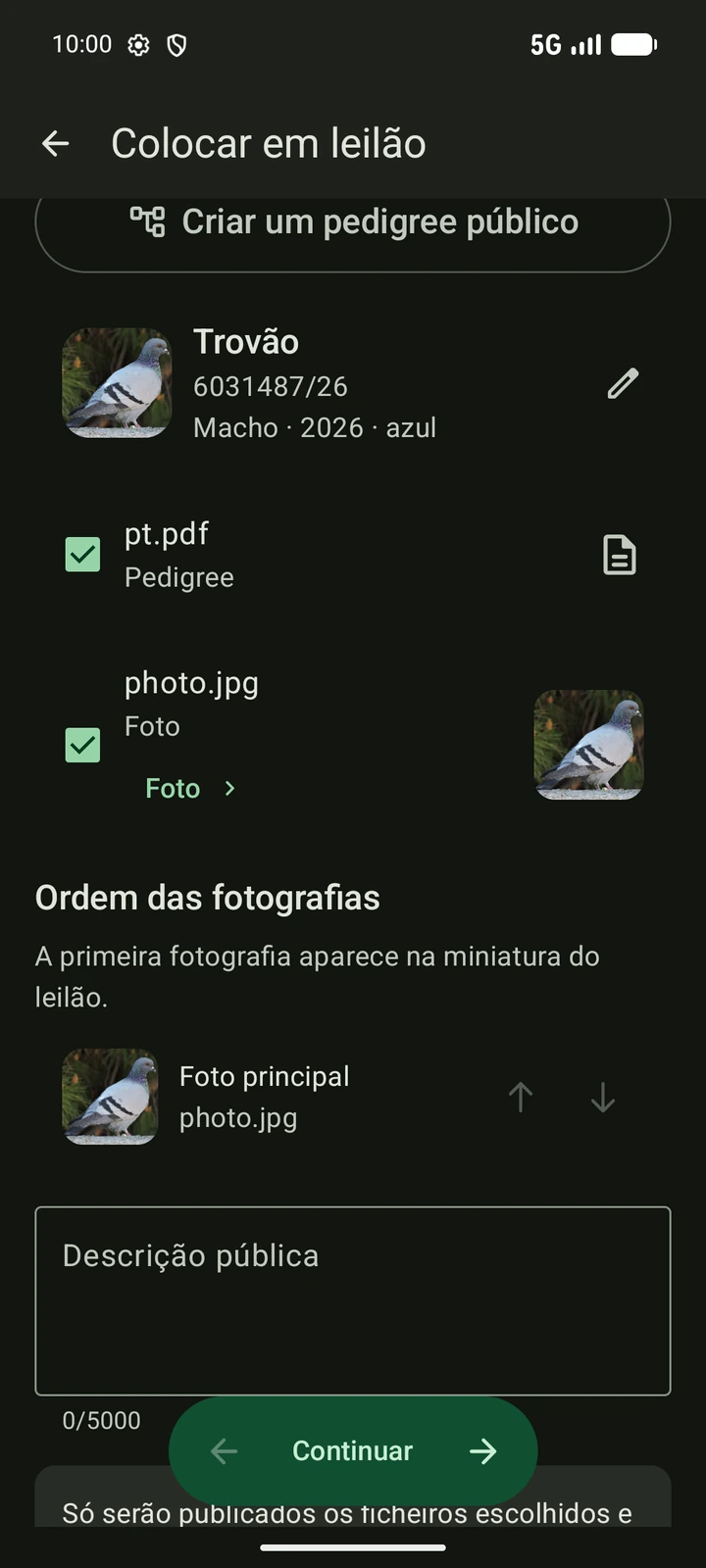 Criador de leilões PigeonTree em português com fotografias e pedigree selecionados