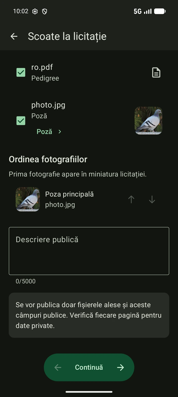 Creatorul de licitații PigeonTree în română cu fotografii și pedigree selectate