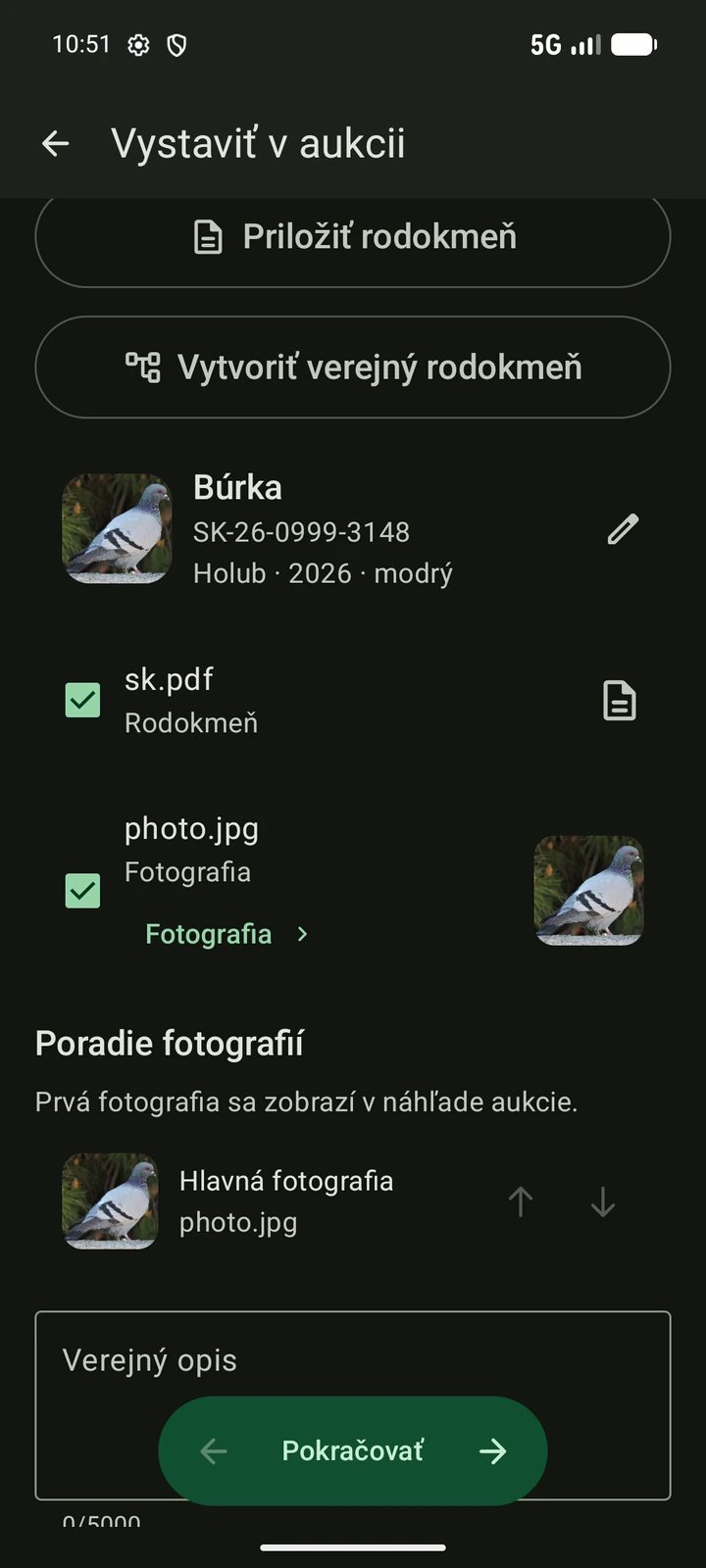 Slovenský tvorca aukcie PigeonTree s vybranými fotografiami a rodokmeňom