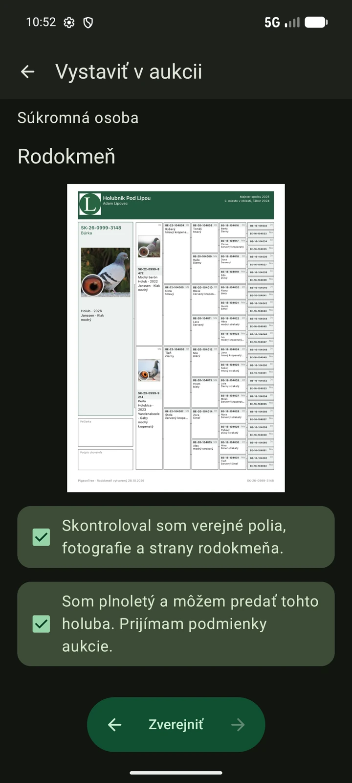 Slovenský verejný náhľad aukcie PigeonTree pred zverejnením