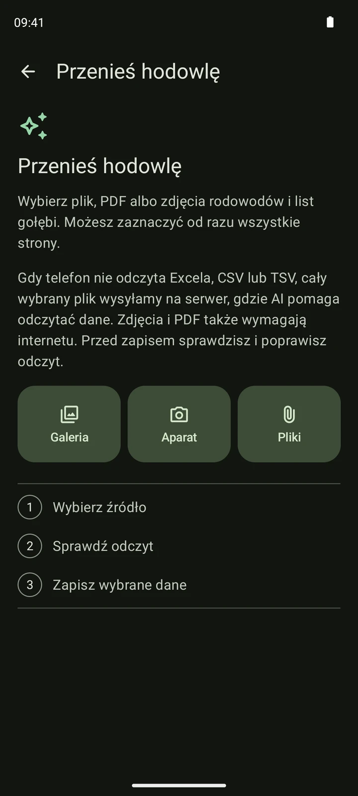 Rzeczywisty ekran importu PigeonTree z przyciskami Galeria, Aparat i Pliki oraz etapami wyboru źródła, sprawdzenia i zapisu.