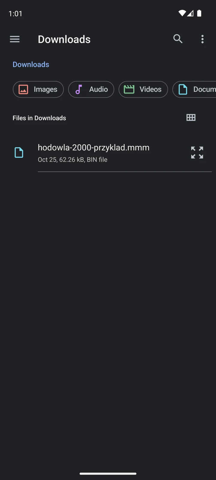 Systemowy wybór plików Androida z przykładowym plikiem Hodowli 2000 w formacie .mmm.