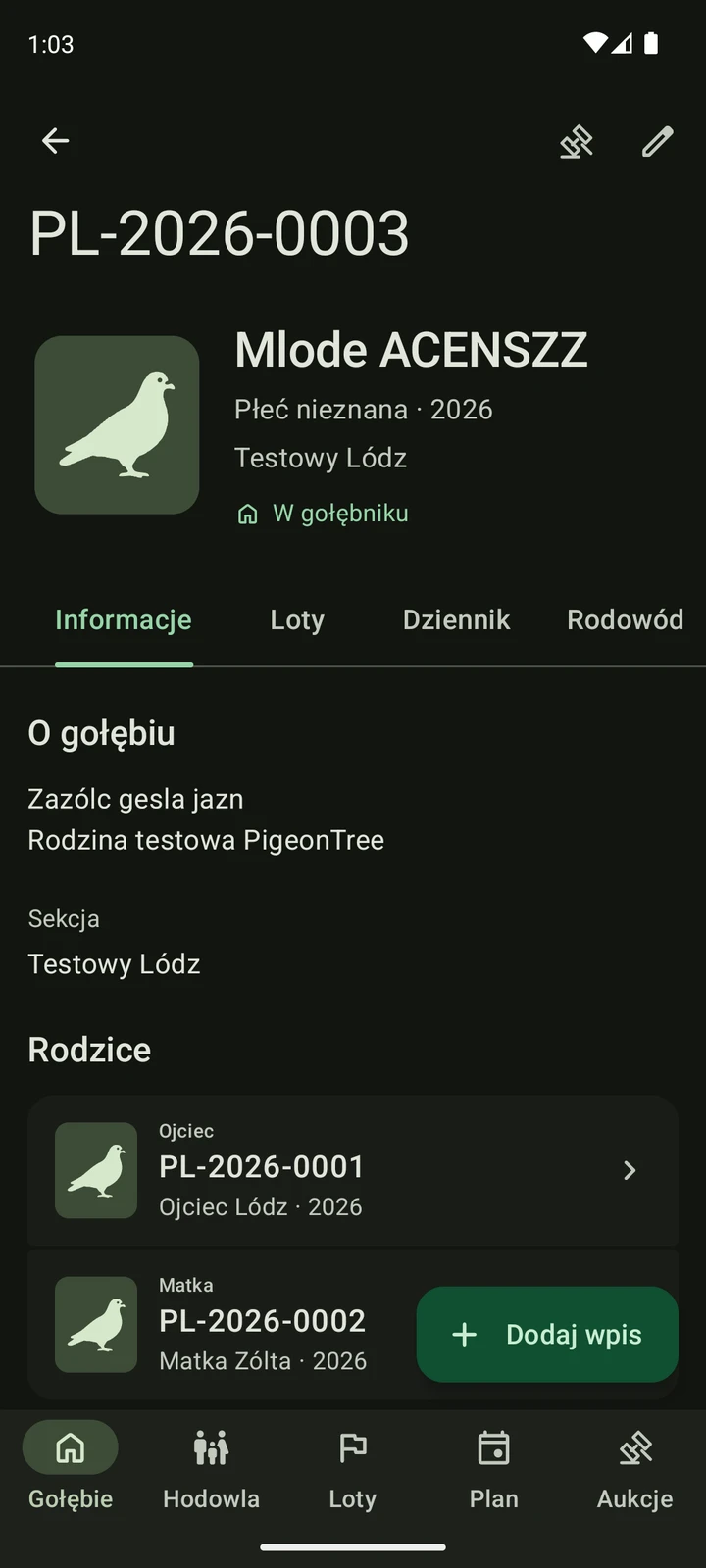 Zapisany z .MMM gołąb PL-2026-0003 z ojcem PL-2026-0001 i matką PL-2026-0002.