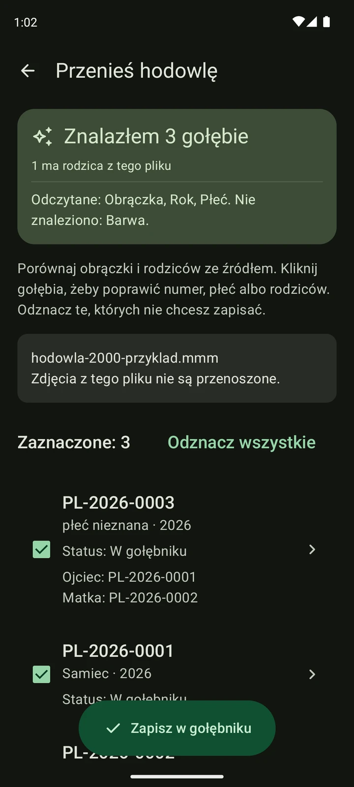 Podgląd rzeczywistego importu trzech przykładowych gołębi z .MMM z powiązaniami rodziców i informacją o pominięciu zdjęć.
