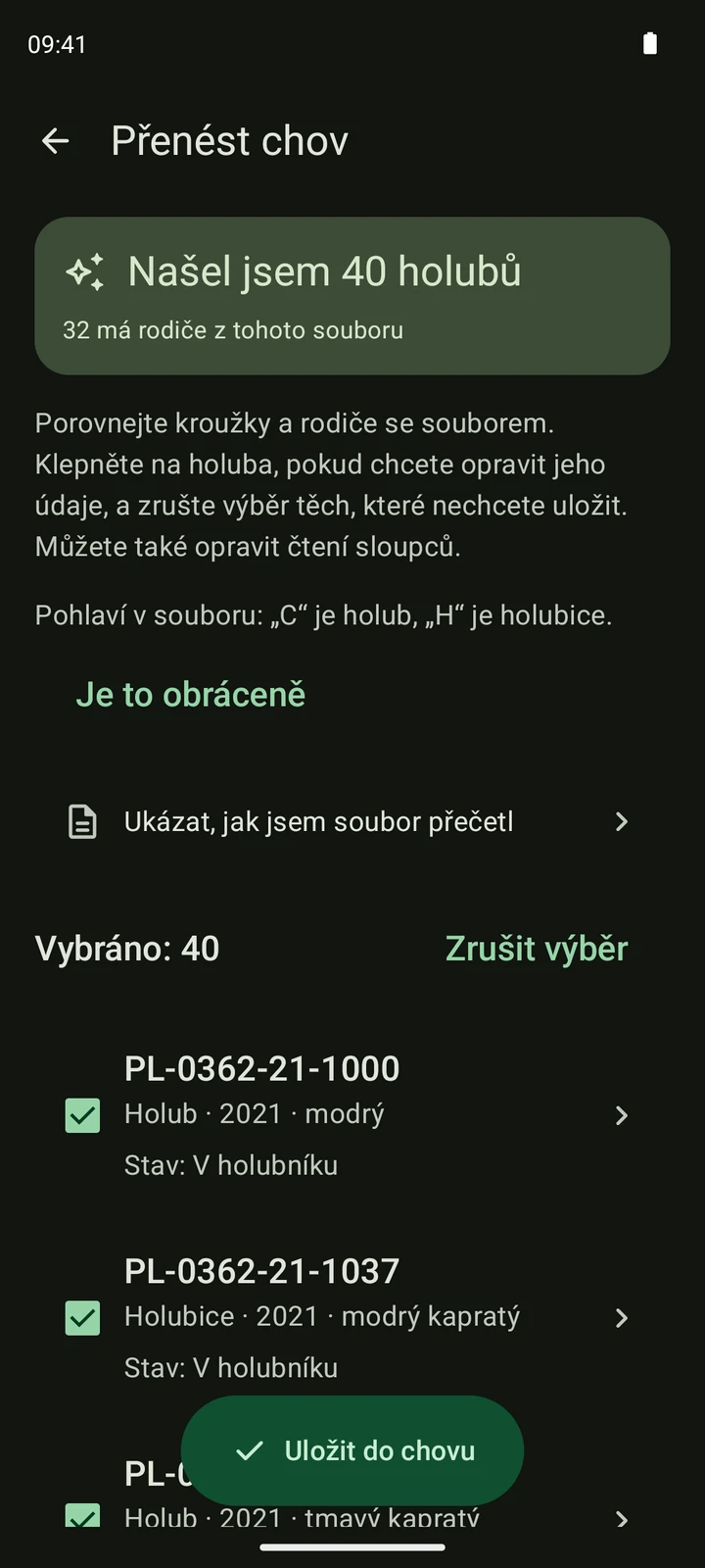 Skutečná kontrola načtení seznamu holubů ze syntetického CSV v PigeonTree.