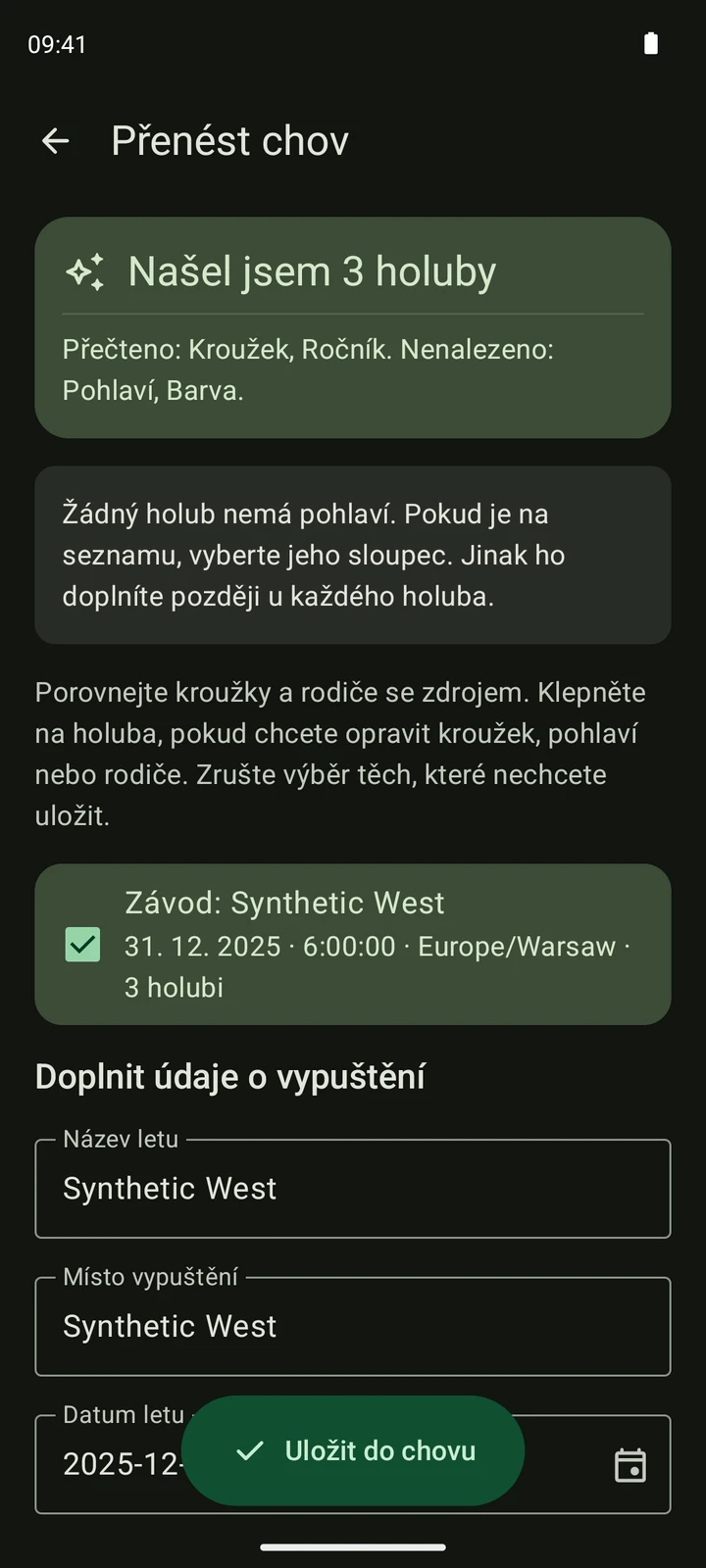 Skutečná kontrola závodu v PigeonTree ze syntetického exportu TIPES CSV.