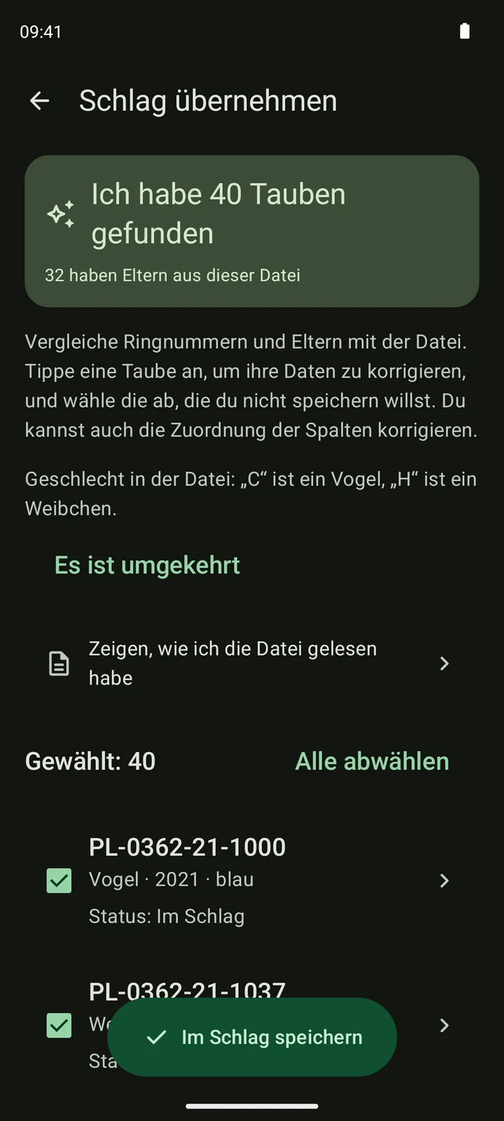 Echte PigeonTree-Prüfansicht einer synthetischen CSV-Taubenliste.
