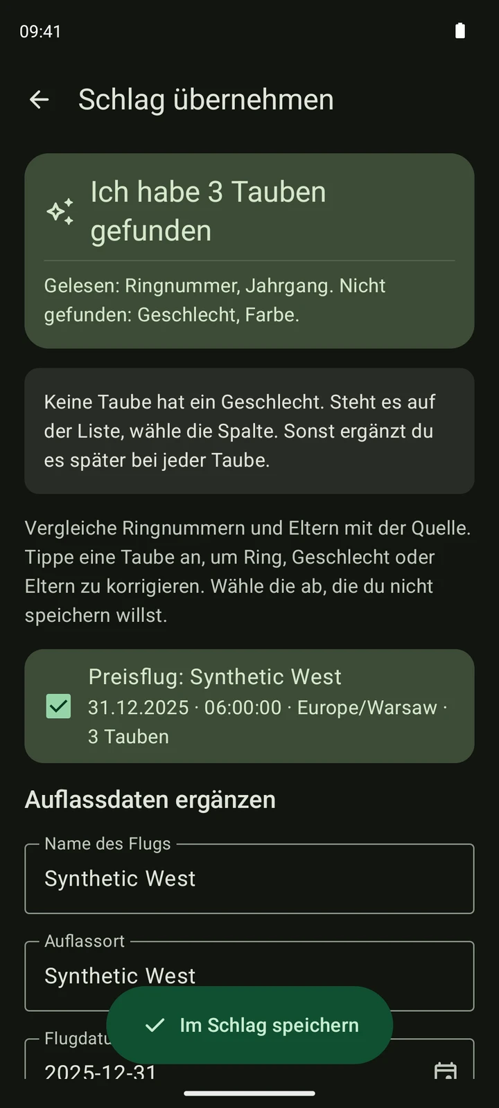 Echte Flugprüfung in PigeonTree mit einem synthetischen TIPES-CSV-Export.