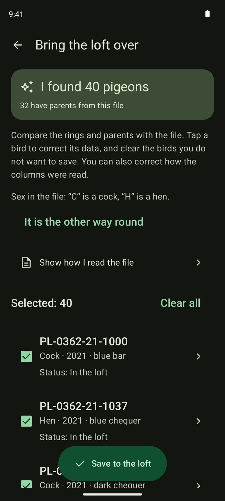 Real PigeonTree review of a synthetic CSV pigeon list.
