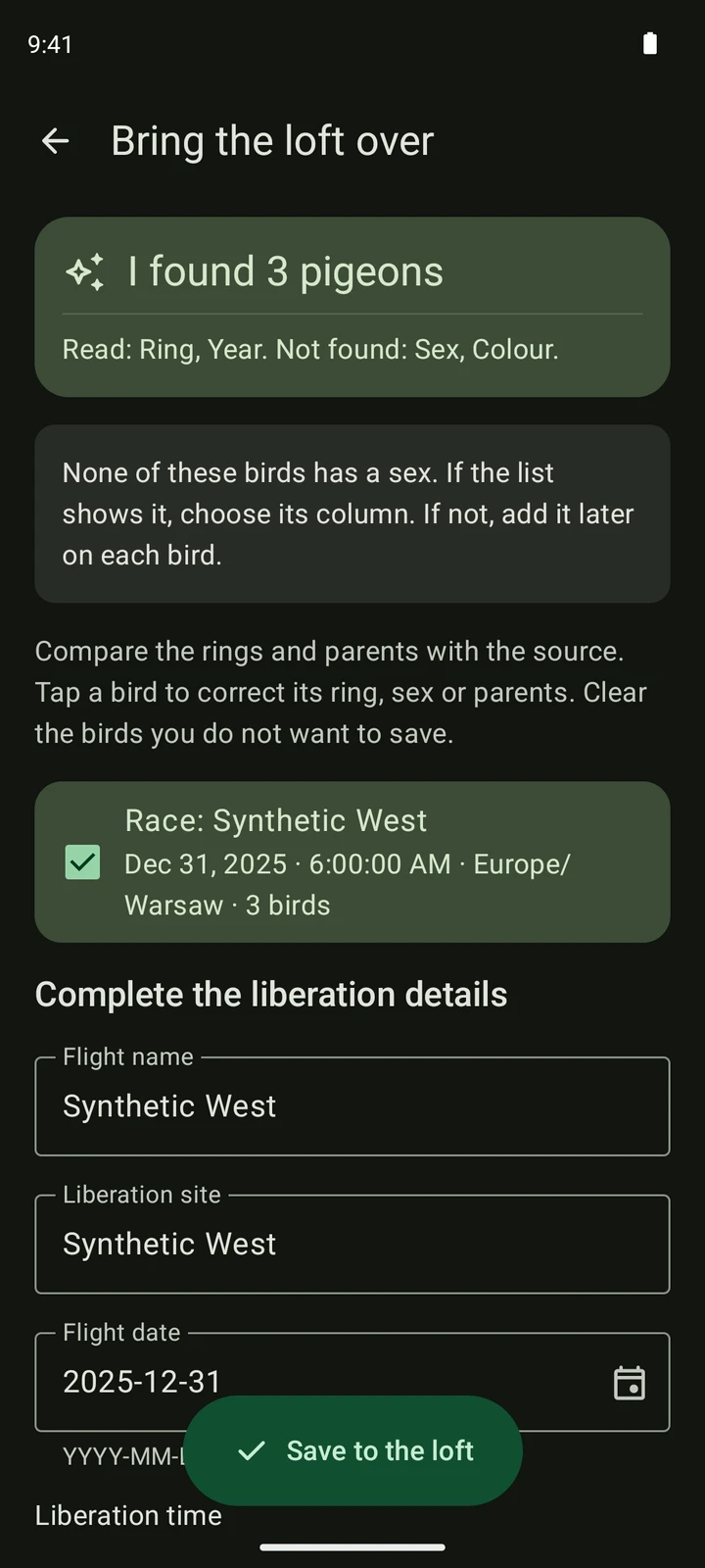 Real PigeonTree race review of a synthetic TIPES CSV export.
