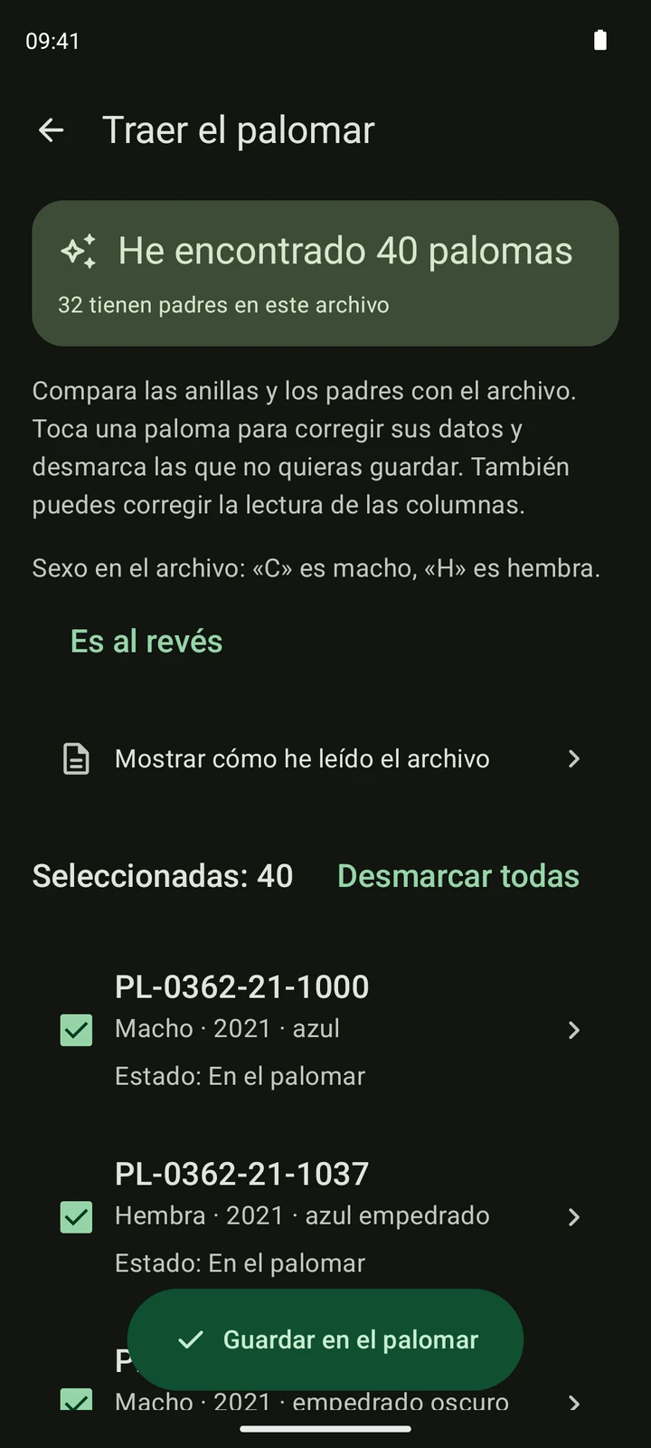 Revisión real en PigeonTree de una lista de palomas en CSV con datos ficticios.