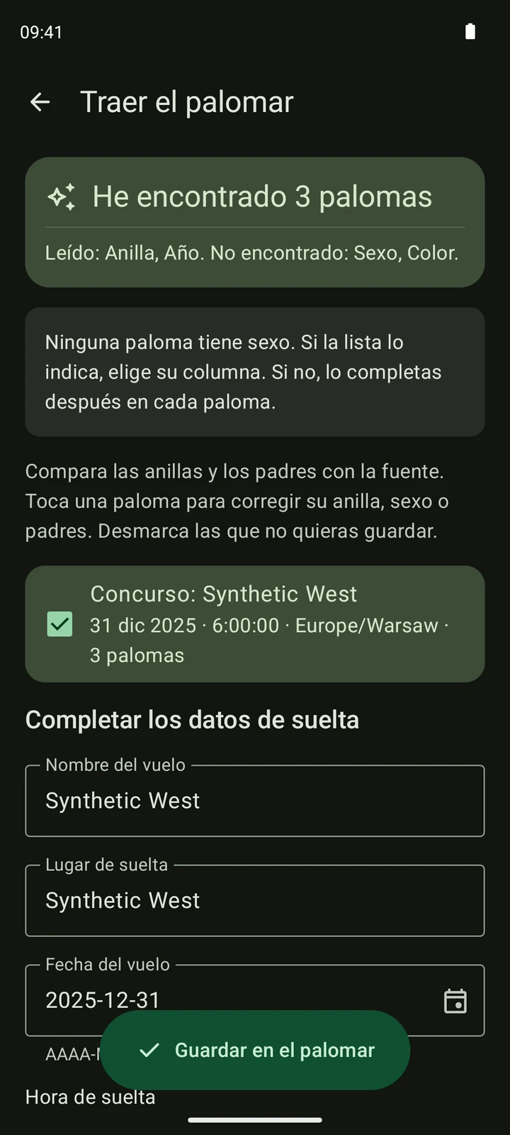 Revisión real de un concurso en PigeonTree a partir de una exportación TIPES CSV sintética.