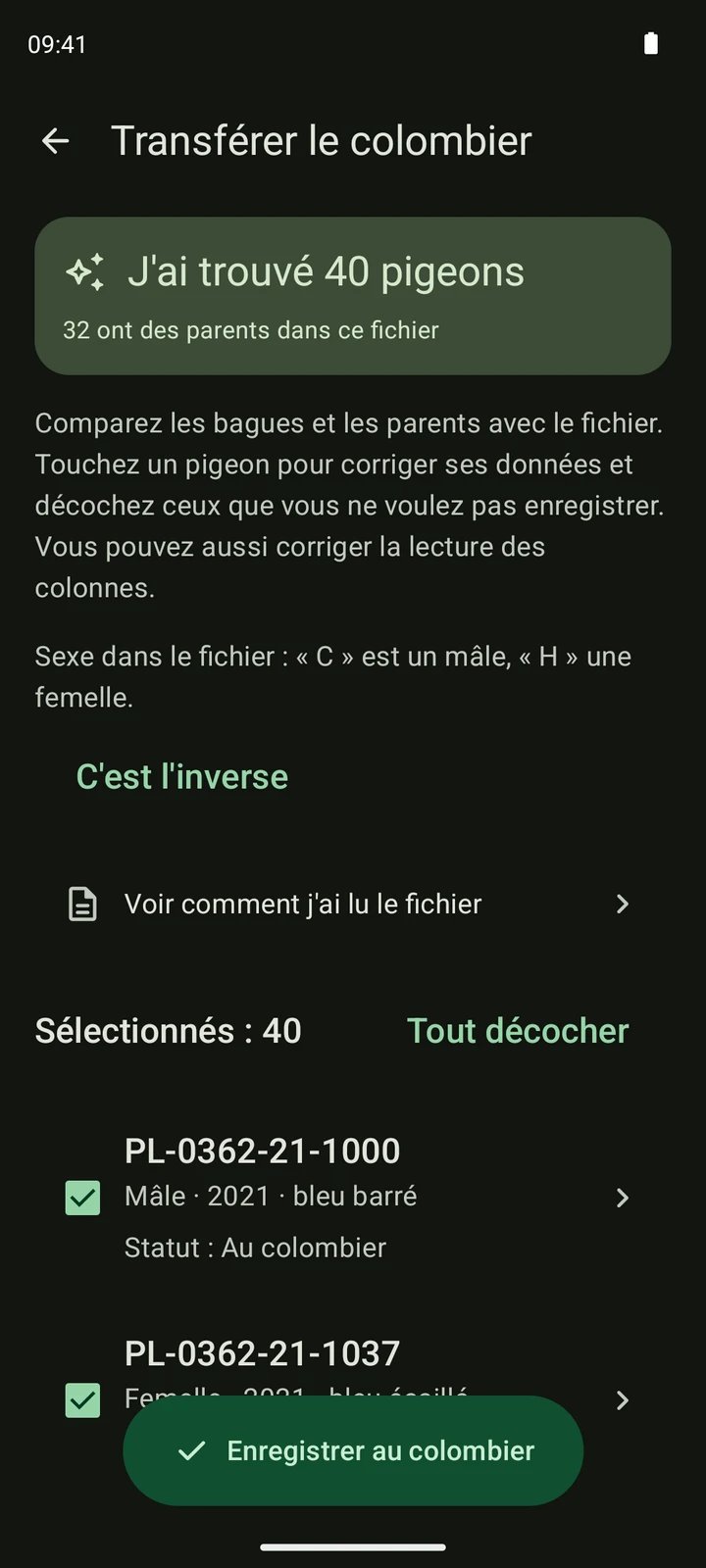Véritable écran de vérification de PigeonTree pour une liste de pigeons CSV synthétique.