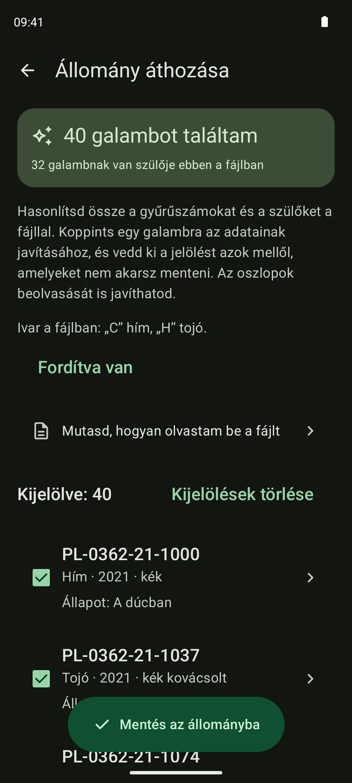 A PigeonTree valódi ellenőrzőképernyője egy mesterséges CSV-galamblistával.
