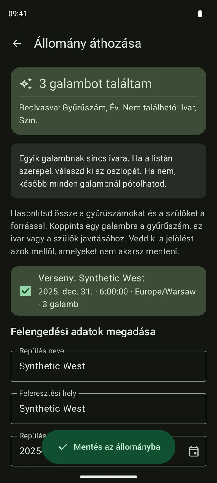 Valódi versenyellenőrzés a PigeonTree-ben egy mesterséges TIPES CSV-exportból.