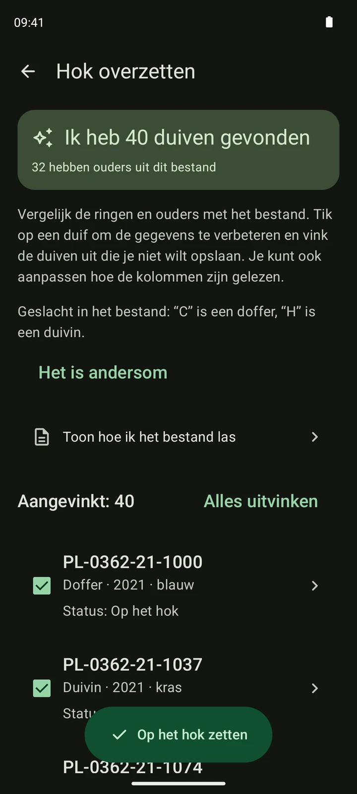 Echt controlescherm van PigeonTree voor een synthetische CSV-duivenlijst.