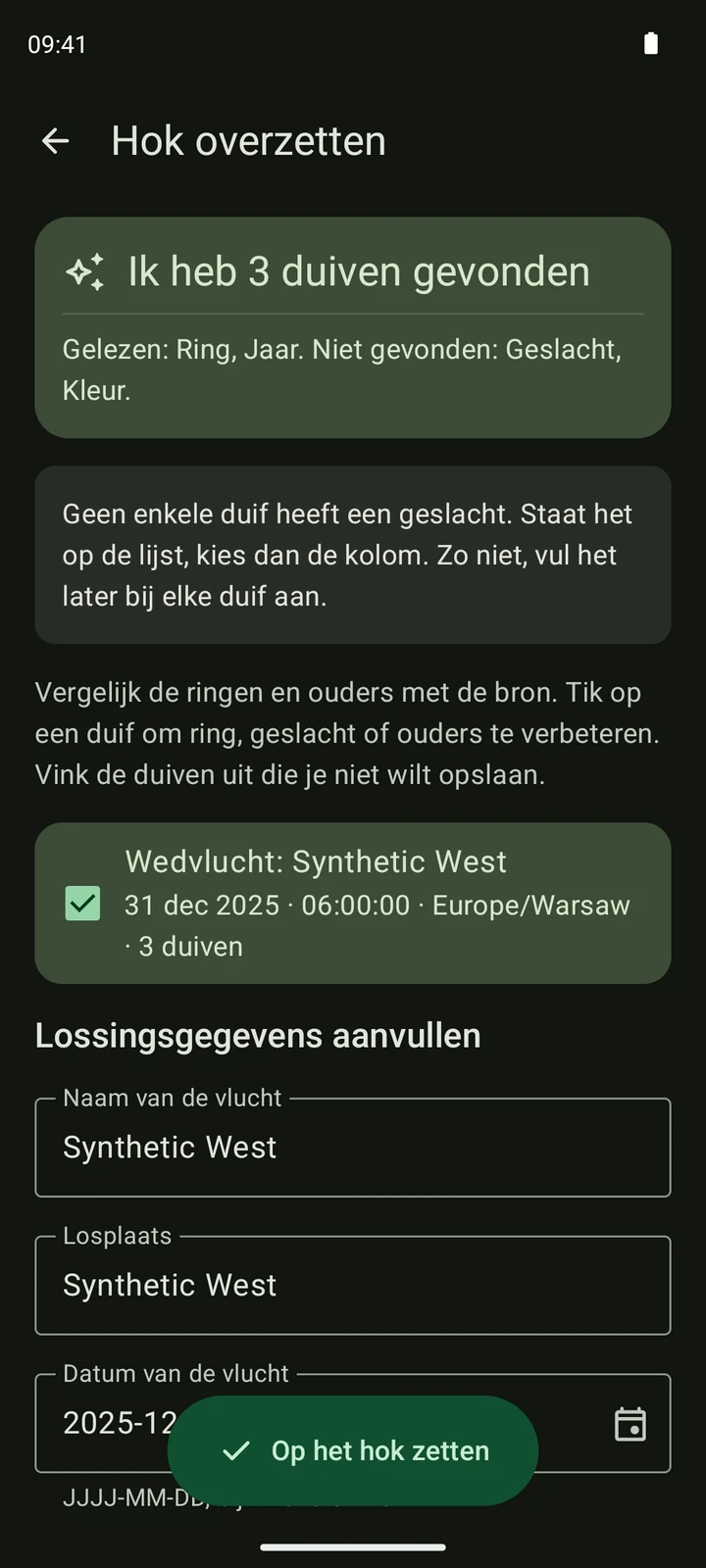 Echte vluchtcontrole in PigeonTree van een synthetische TIPES-CSV-export.