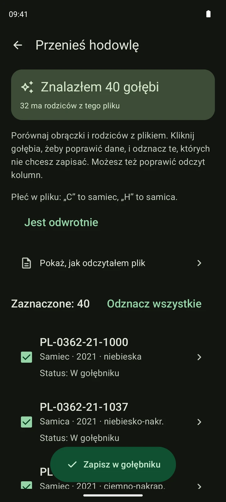 Rzeczywisty podgląd odczytu syntetycznego spisu gołębi CSV w PigeonTree.