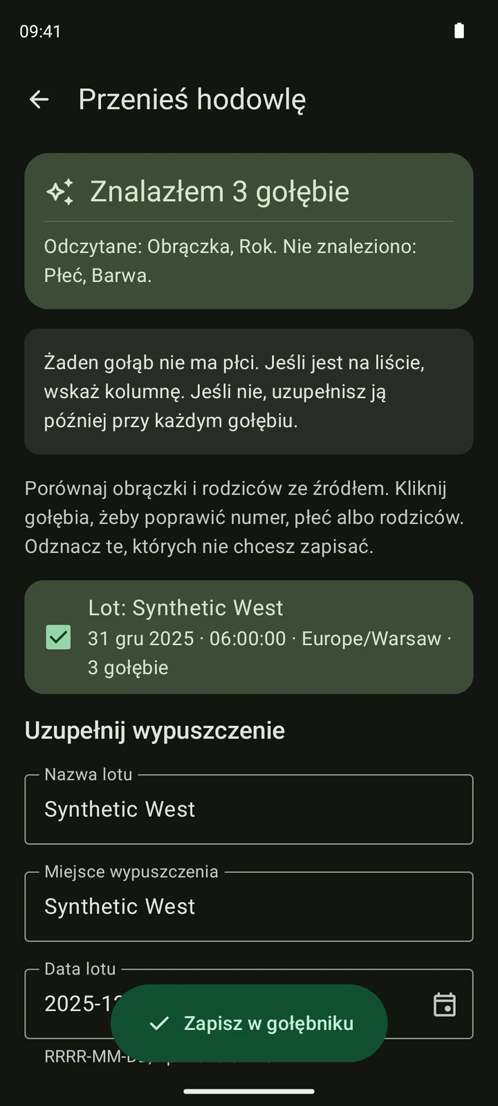 Rzeczywisty podgląd lotu odczytanego z syntetycznego eksportu TIPES CSV w PigeonTree.