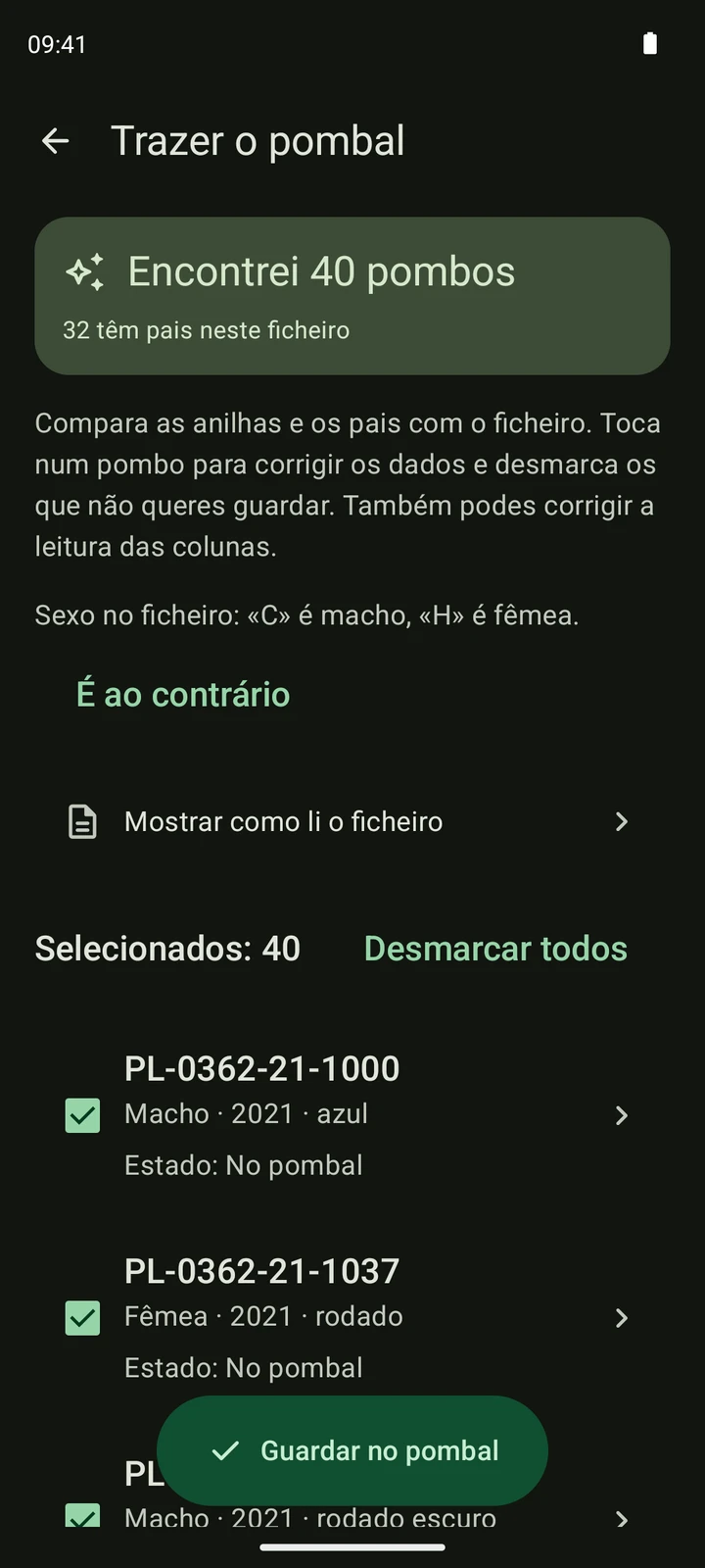 Ecrã real de revisão do PigeonTree para uma lista sintética de pombos em CSV.
