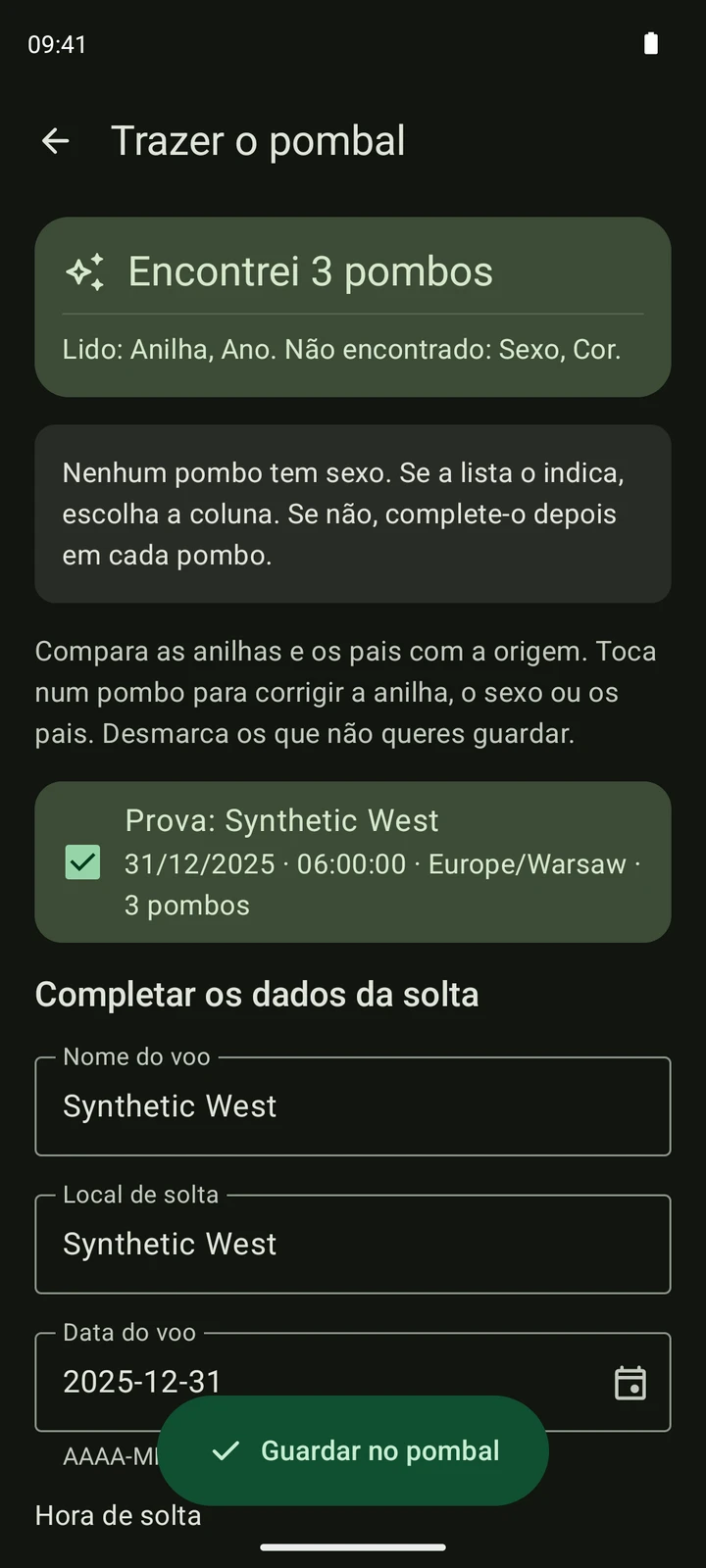 Revisão real de uma prova no PigeonTree a partir de uma exportação TIPES CSV sintética.