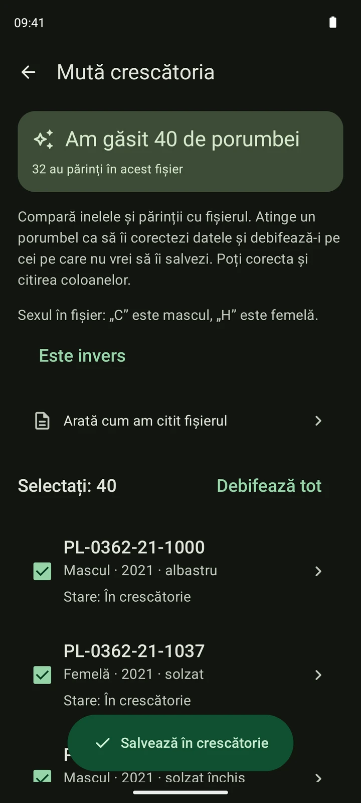 Verificare reală în PigeonTree a unei liste CSV de porumbei cu date fictive.