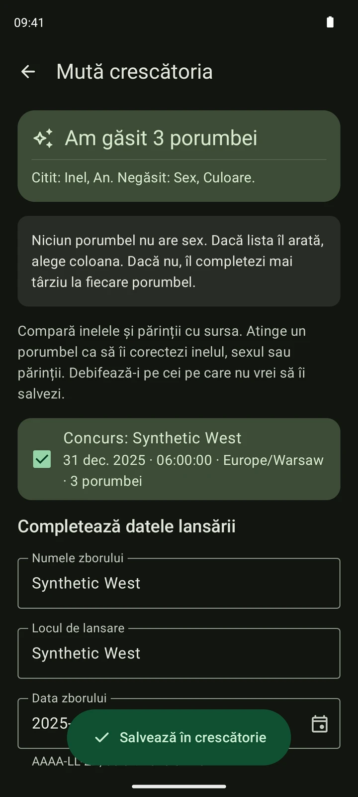 Verificare reală a unui concurs în PigeonTree dintr-un export TIPES CSV sintetic.