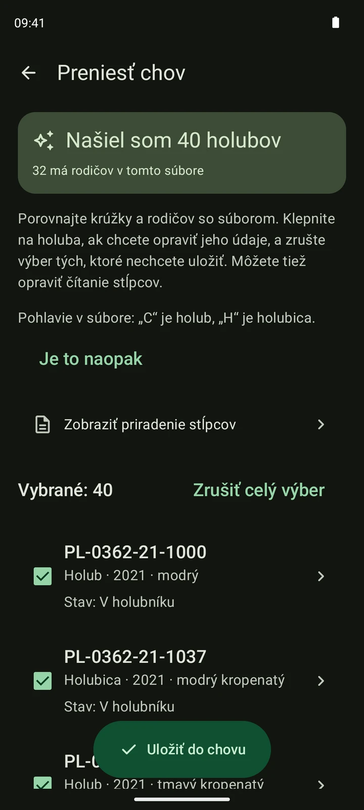 Skutočná kontrola načítania zoznamu holubov zo syntetického CSV v PigeonTree.