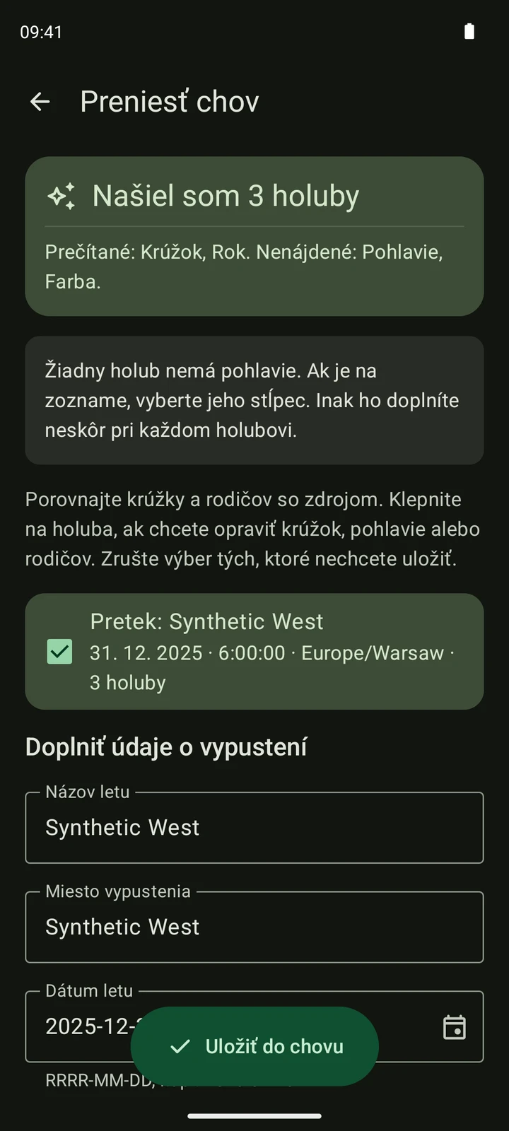 Skutočná kontrola preteku v PigeonTree zo syntetického exportu TIPES CSV.