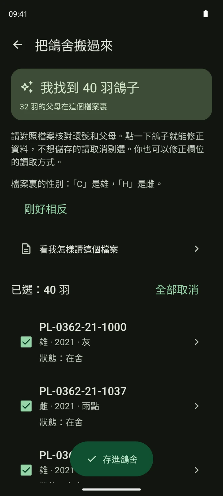 PigeonTree 讀取合成 CSV 賽鴿名單後的真實檢查畫面。