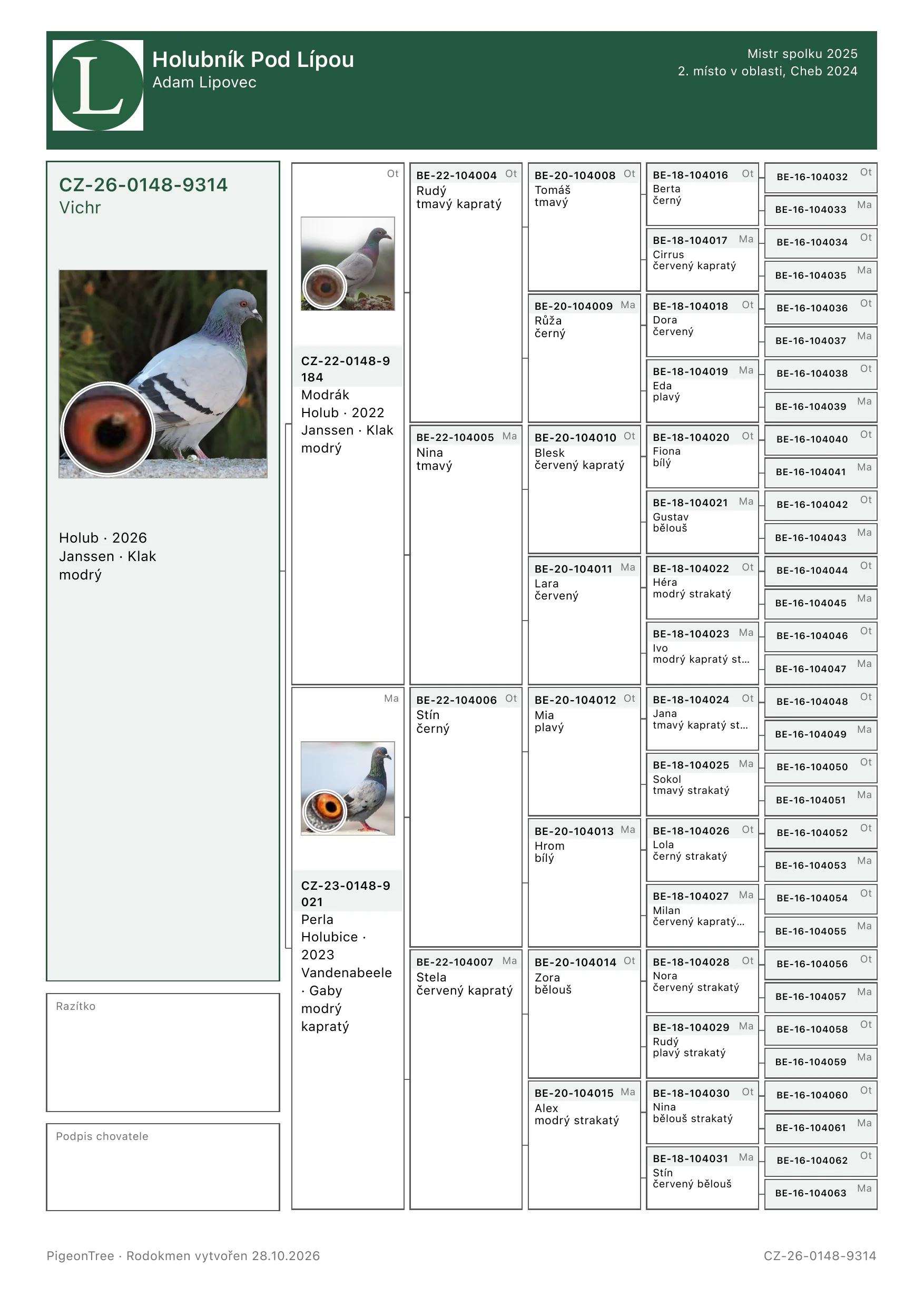 Úplný šestigenerační rodokmen exportovaný z PigeonTree