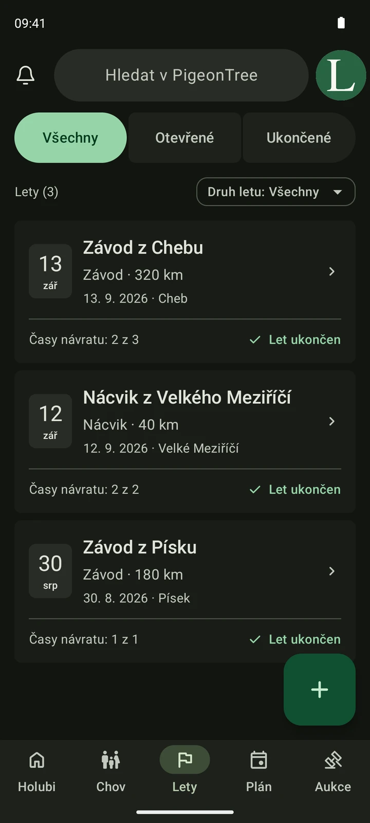 Skutečná obrazovka Lety v PigeonTree se záznamy závodů a tréninků.