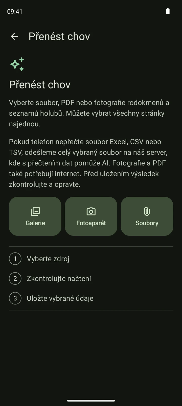 Skutečná obrazovka importu PigeonTree s Galerií, Fotoaparátem a Soubory a kroky výběru zdroje, kontroly a uložení.