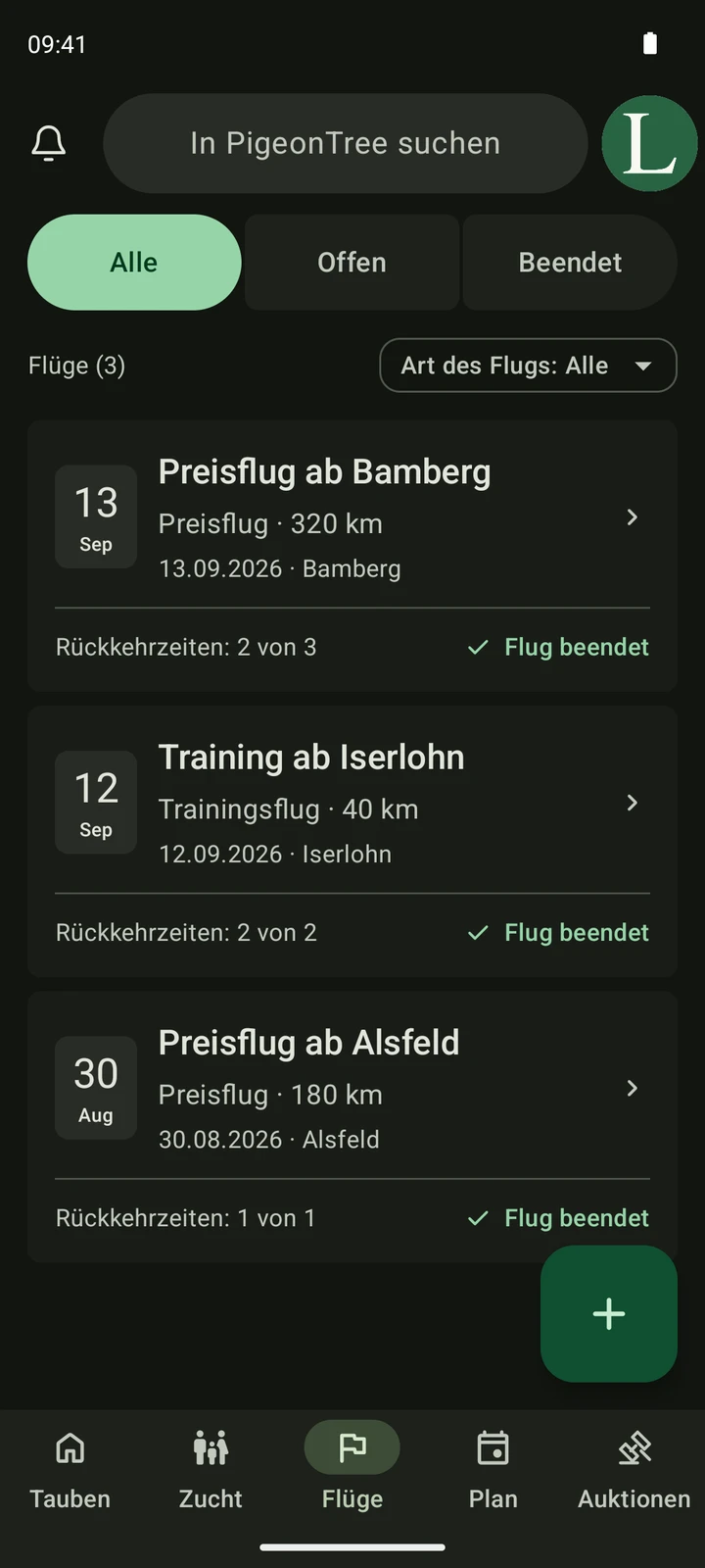 Echter Bildschirm Flüge in PigeonTree mit Preis- und Trainingsflügen.