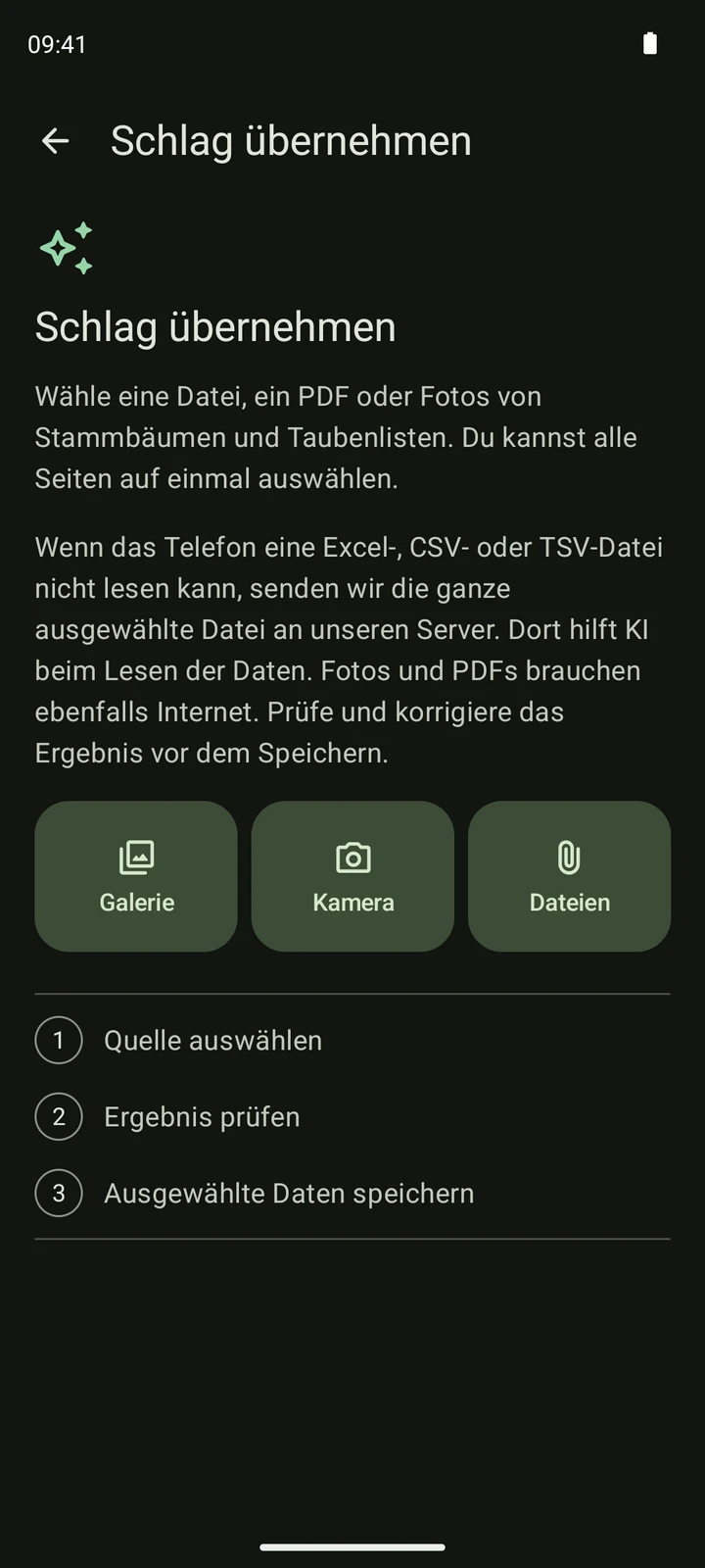 Echter Importbildschirm von PigeonTree mit Galerie, Kamera und Dateien sowie den Schritten Quelle, Prüfung und Speichern.