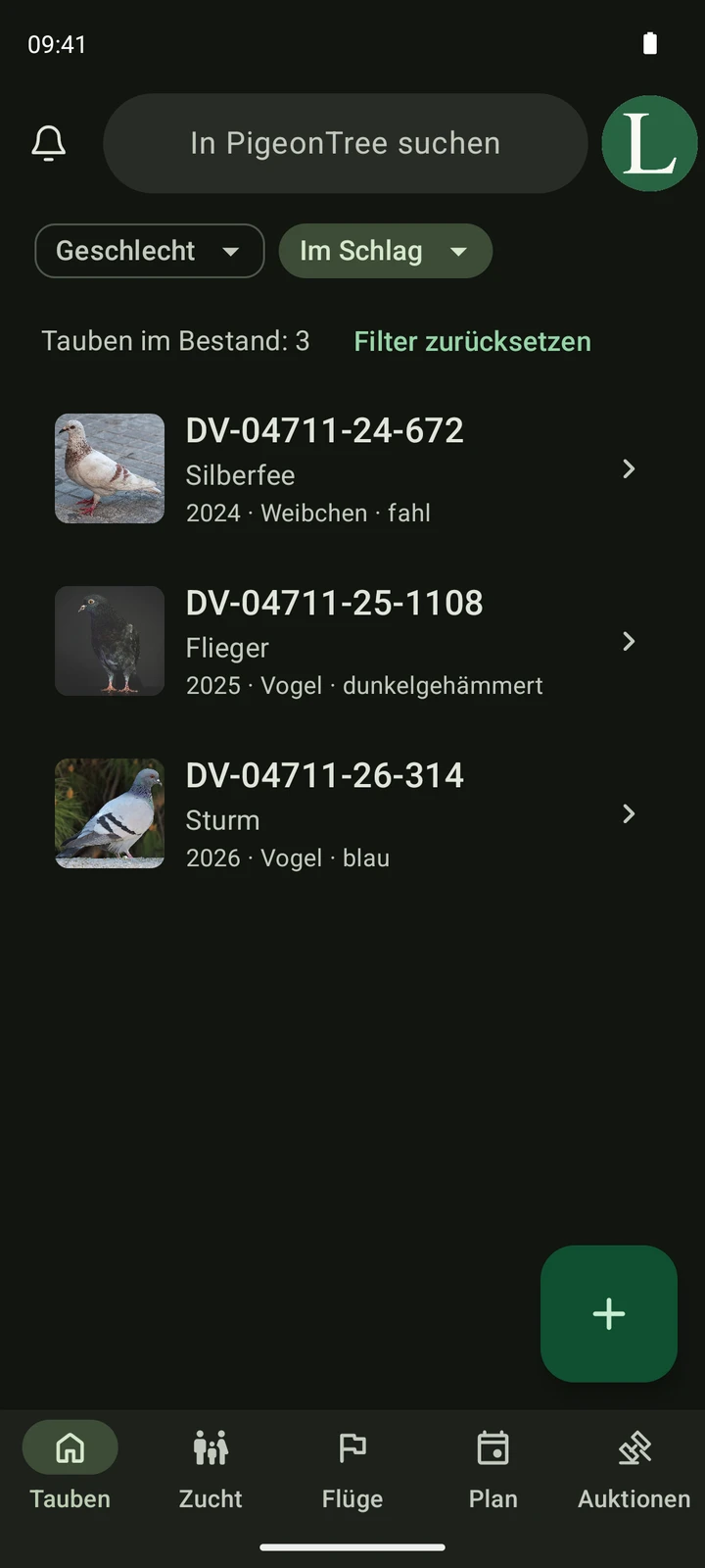Echte Taubenkartei in PigeonTree mit Taubenfotos, Ringnummern und Suche.