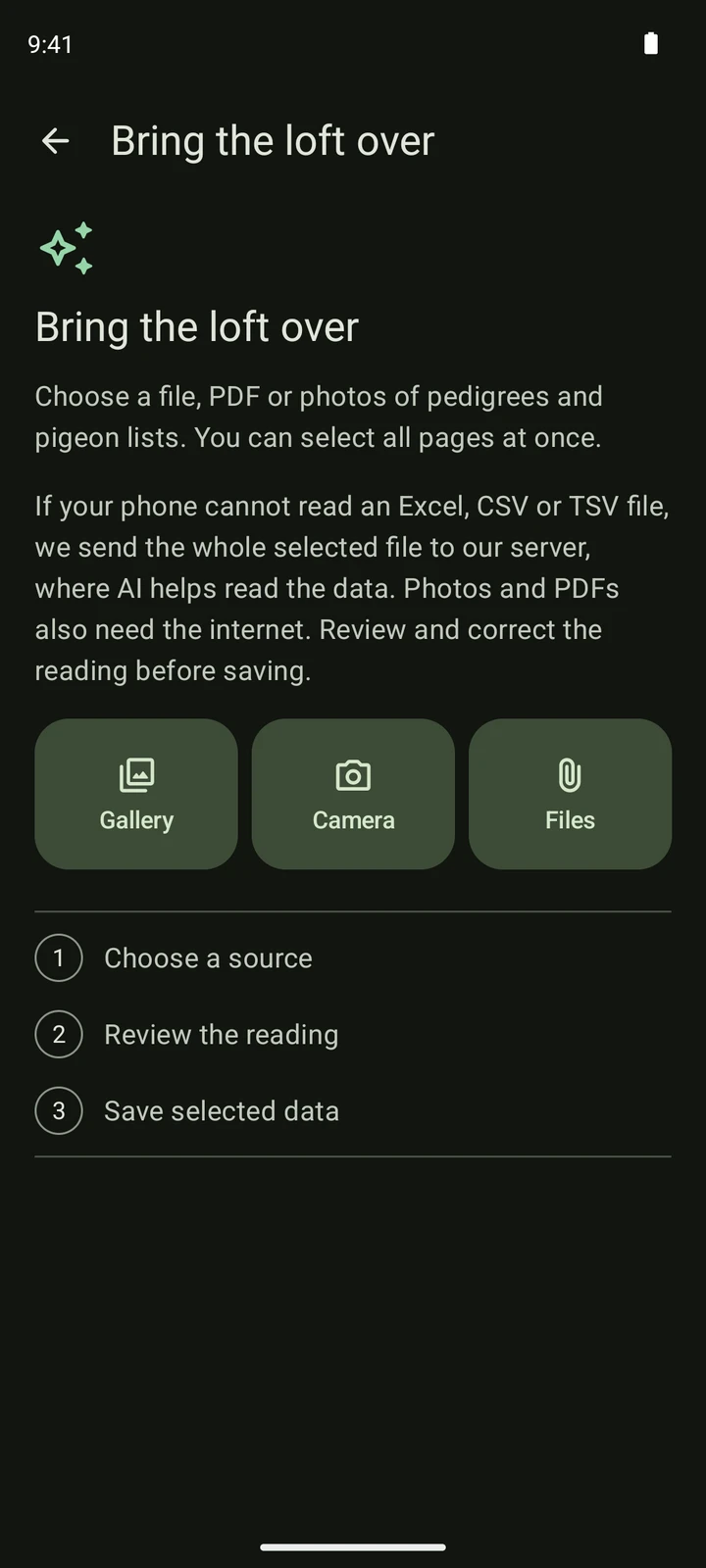 PigeonTree Import screen with file, gallery and camera options, followed by source, review and save steps.