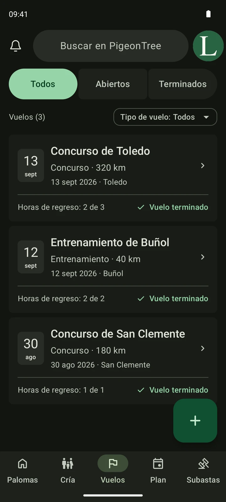 Pantalla real de Vuelos de PigeonTree con registros de concursos y entrenamientos.