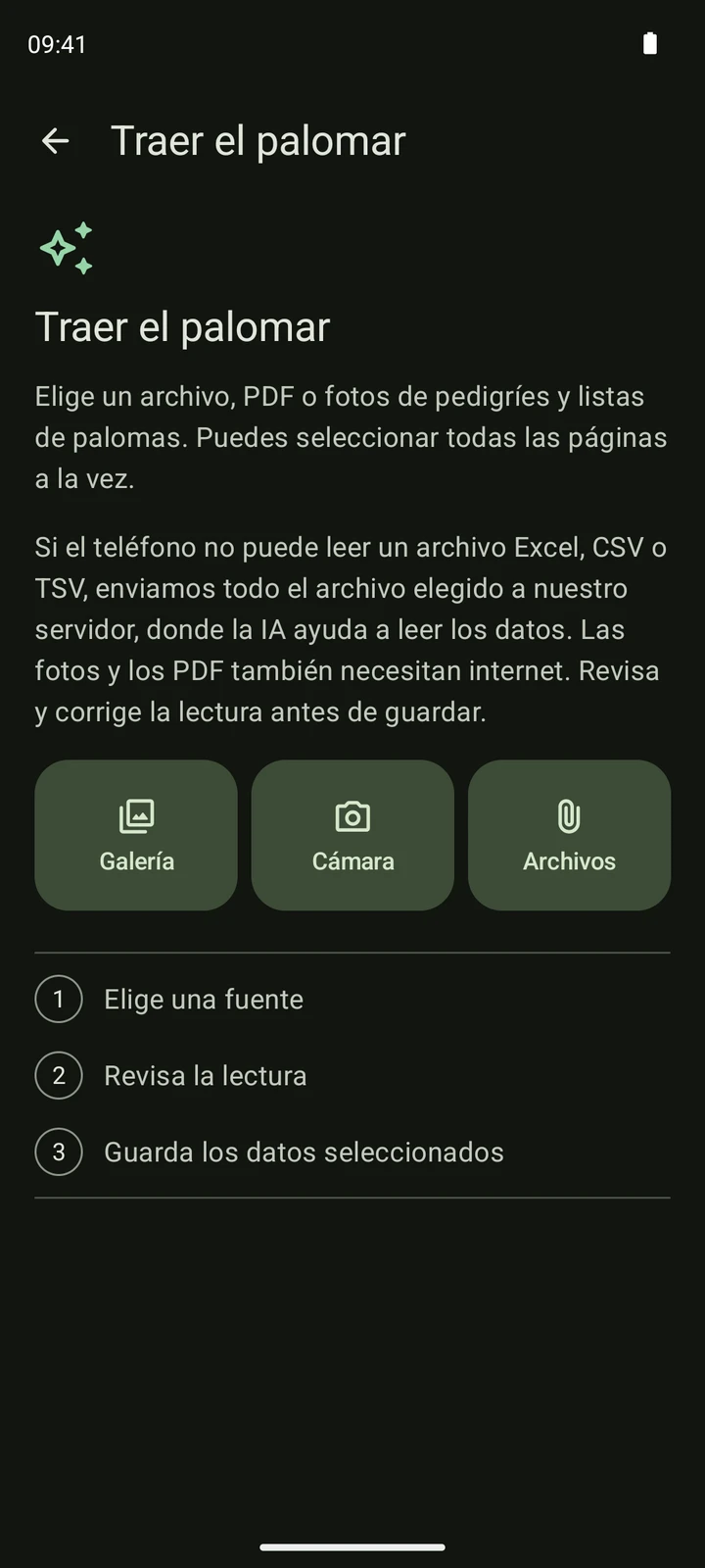 Pantalla real de importación de PigeonTree con Galería, Cámara y Archivos y las etapas de selección, revisión y guardado.