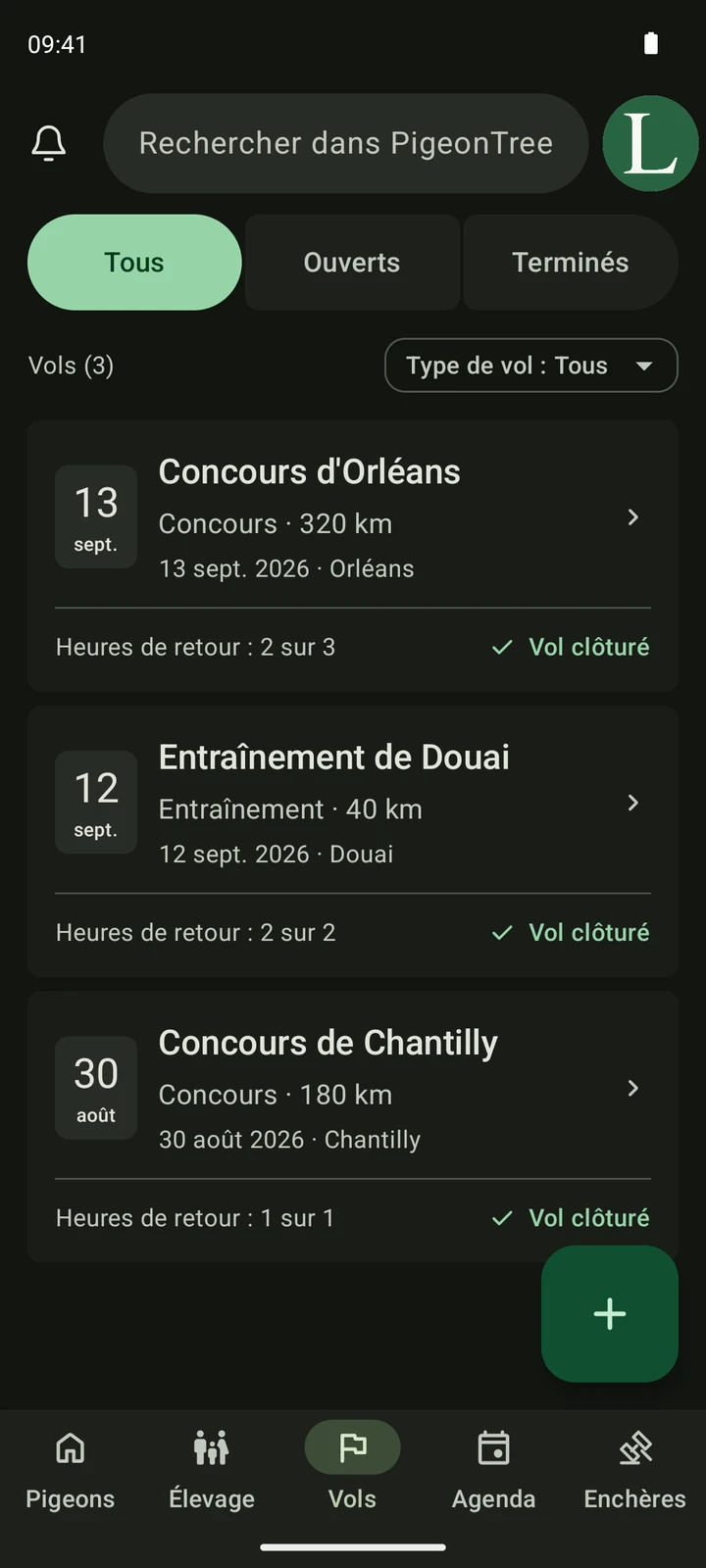 Véritable écran Vols de PigeonTree avec des concours et des entraînements.