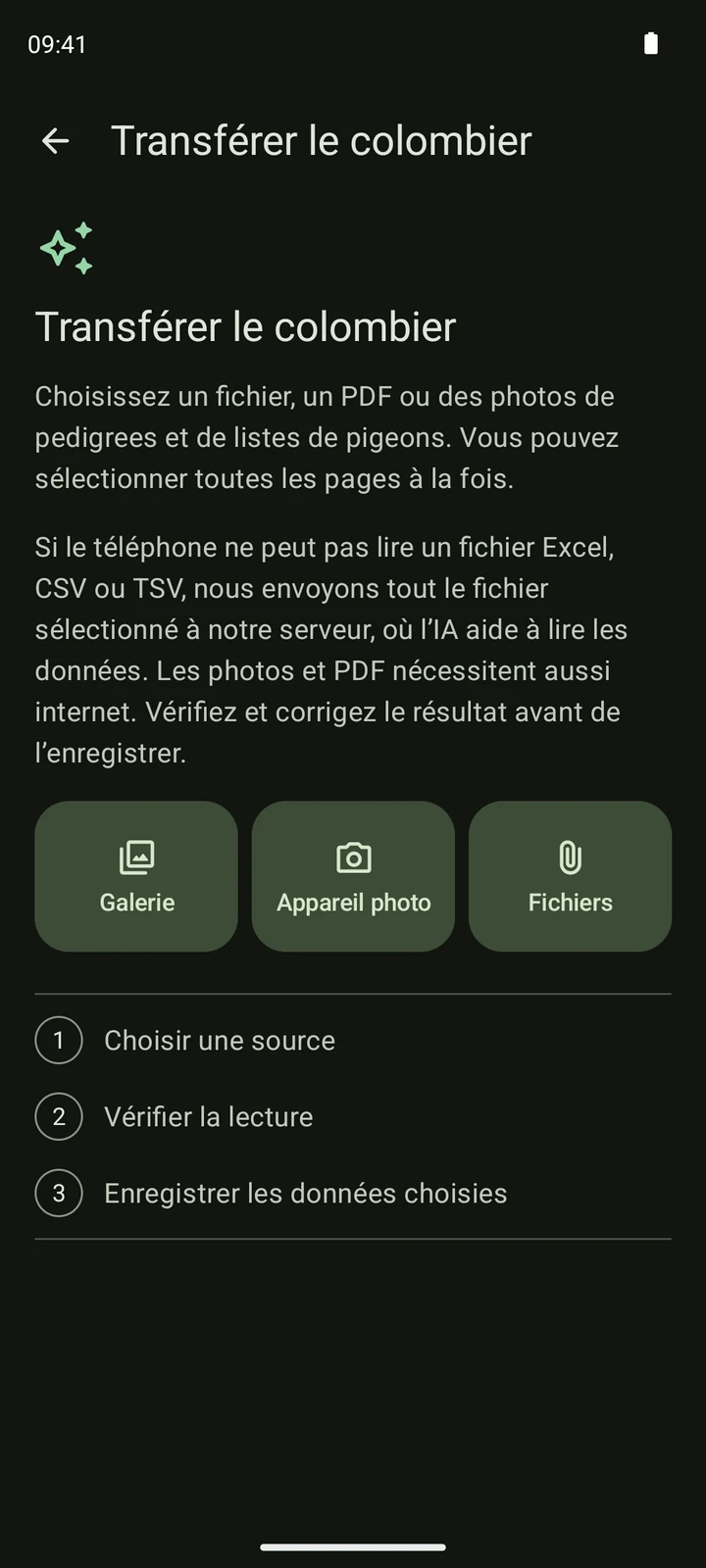 Véritable écran d’import de PigeonTree avec Galerie, Appareil photo et Fichiers, puis les étapes source, vérification et enregistrement.